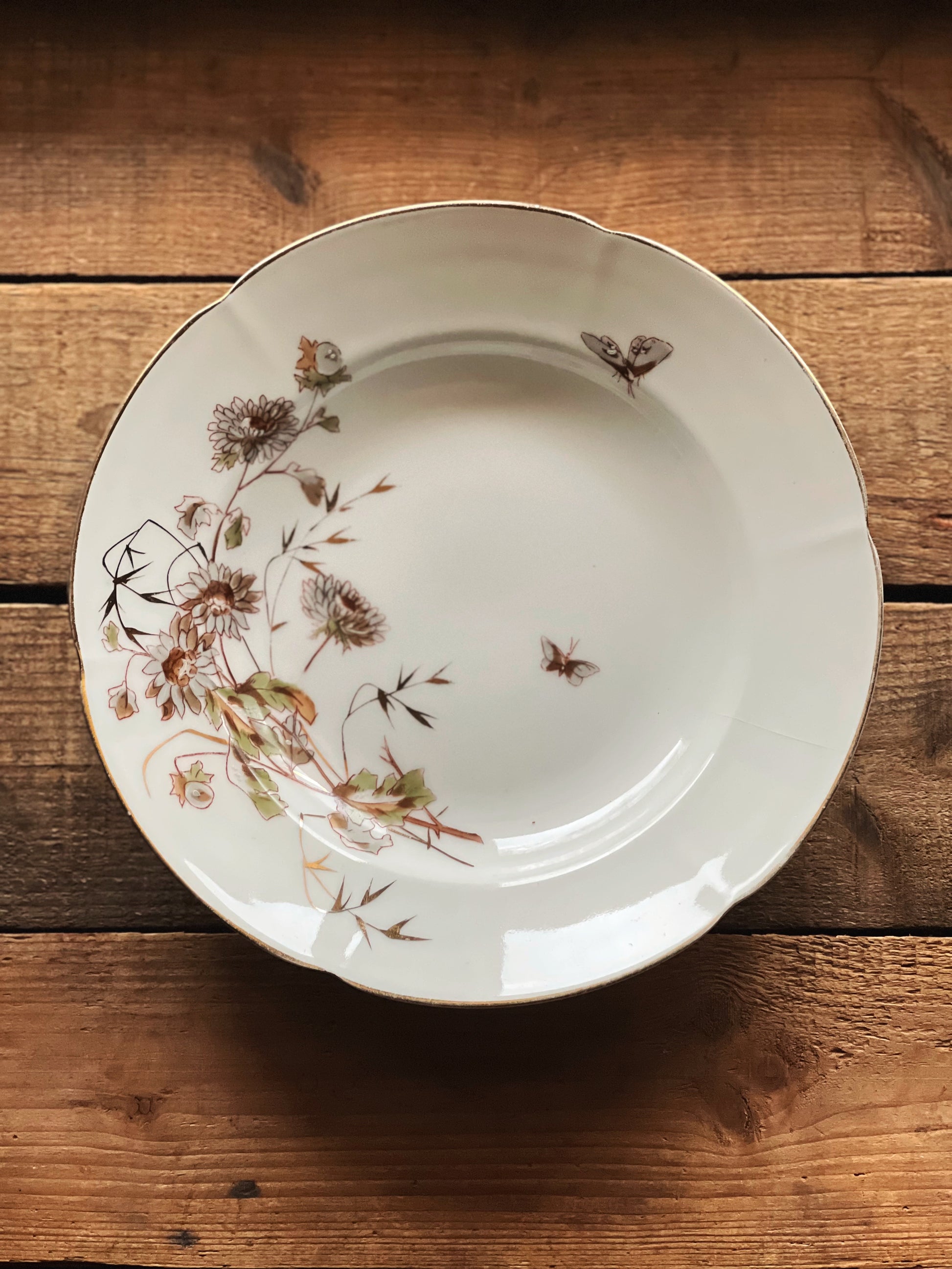 gray and green transferware soup bowl