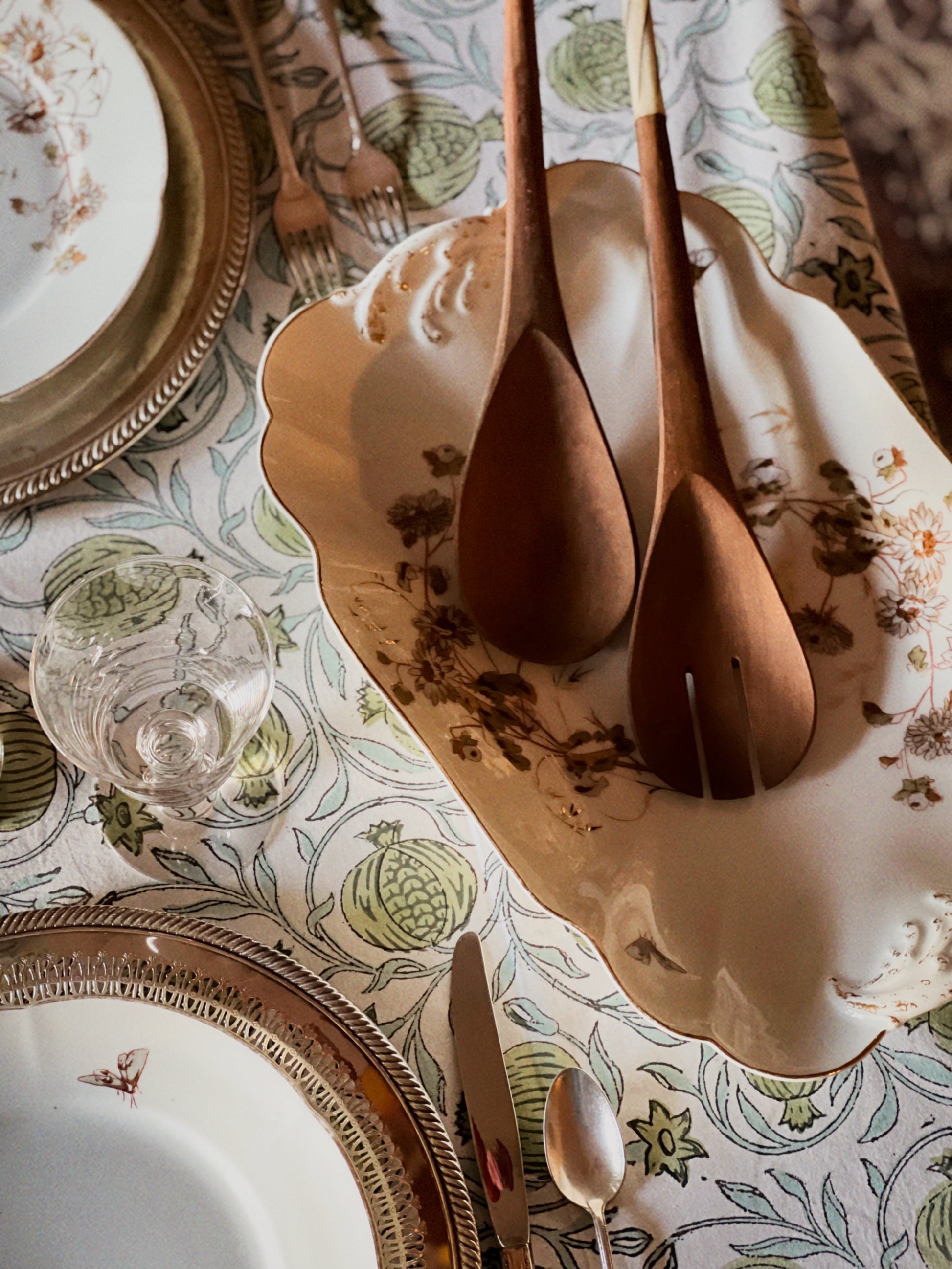 Pair of Vintage Wooden Salad Servers with Bone Handle