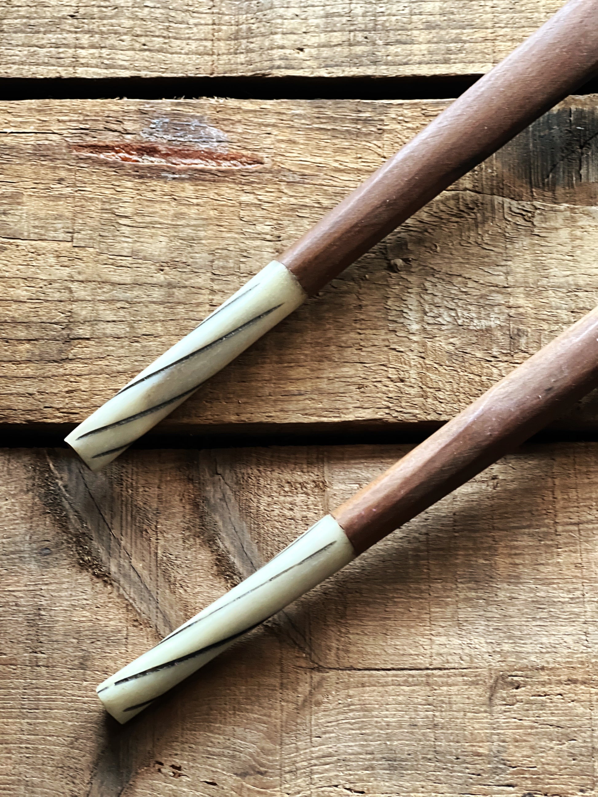 Pair of Vintage Wooden Salad Servers with Bone Handle