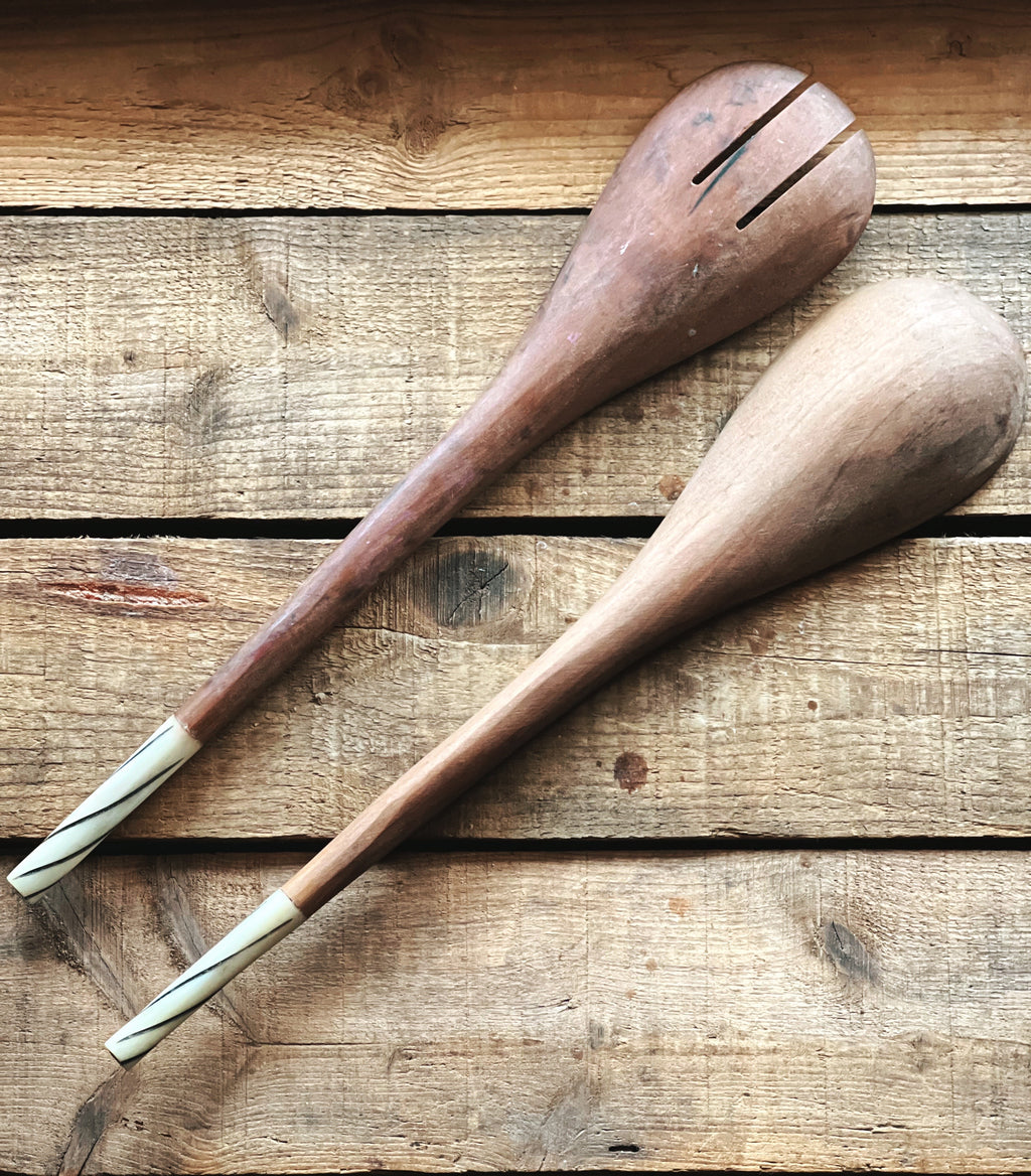 Pair of Vintage Wooden Salad Servers with Bone Handle