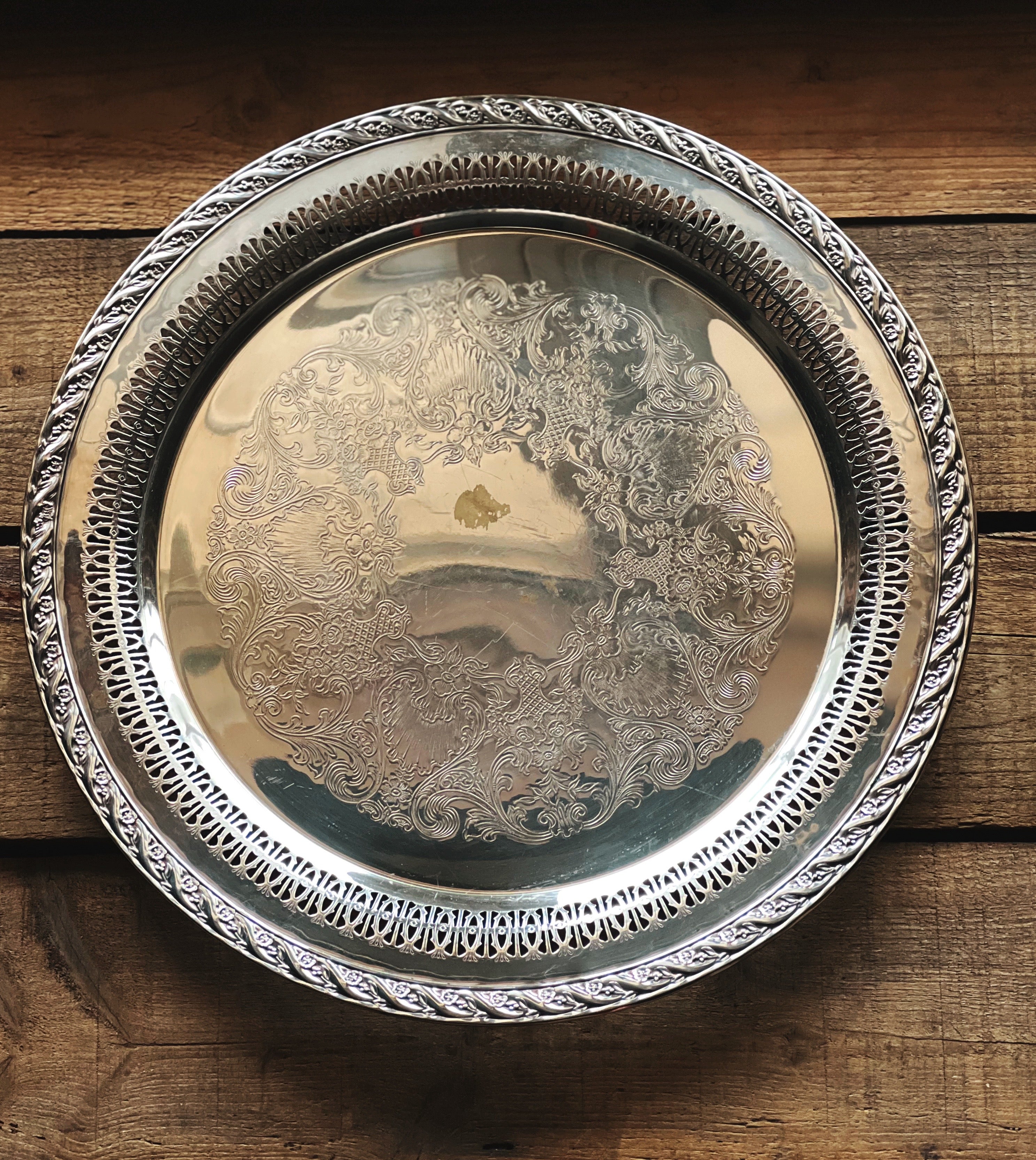 Vintage Wm Rogers & Son Spring Flower Round Silver Serving Tray