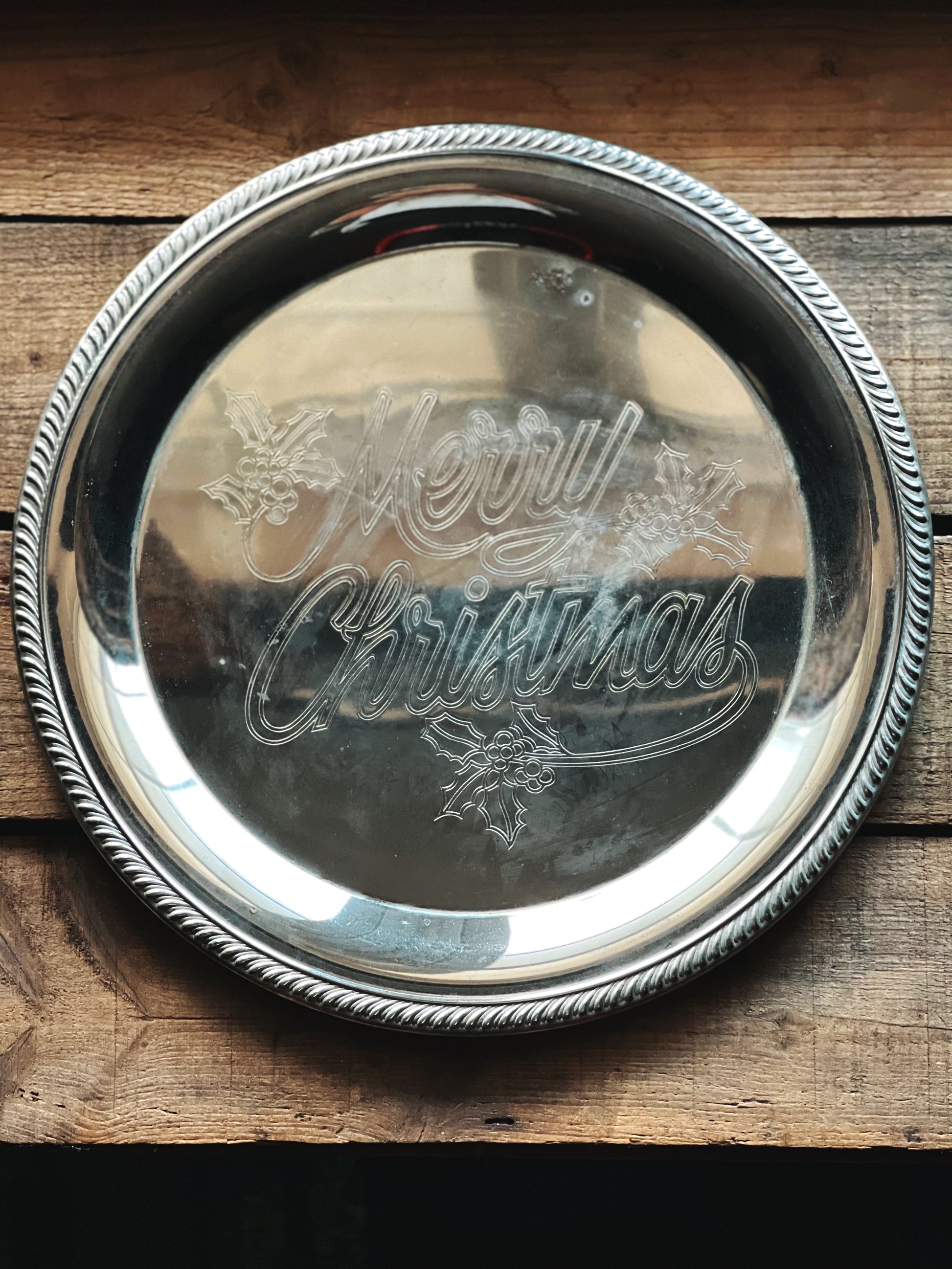 silver tray on a wooden surface