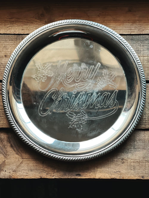 silver tray on a wooden surface