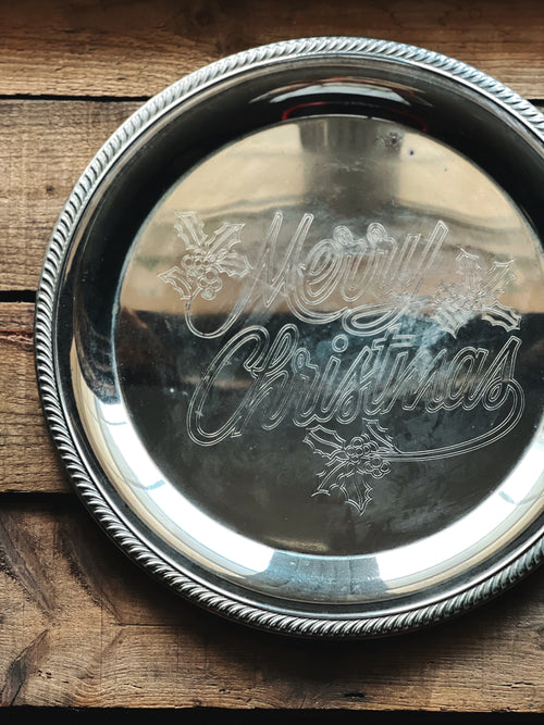 Vintage Merry Christmas Round Silver Serving Tray
