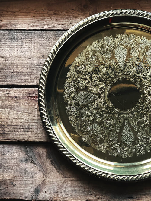 Vintage Gold Plated Round Serving Tray