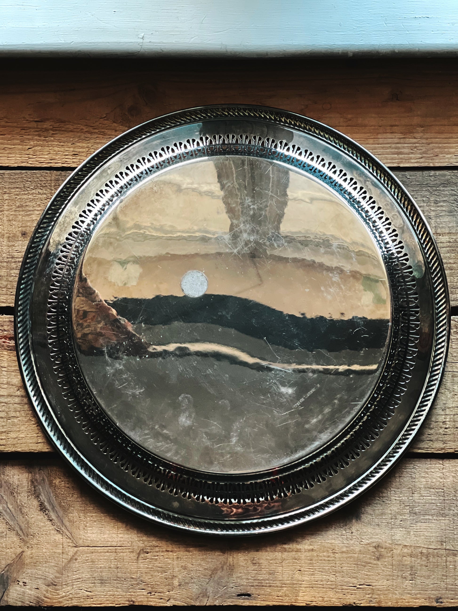 Vintage International Silver Round Serving Tray with Pierced Rim