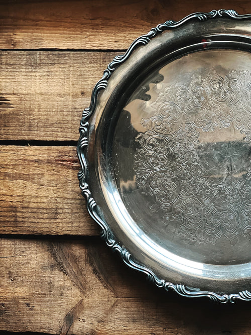 Vintage Oneida Georgian Scroll Round Silver Serving Tray