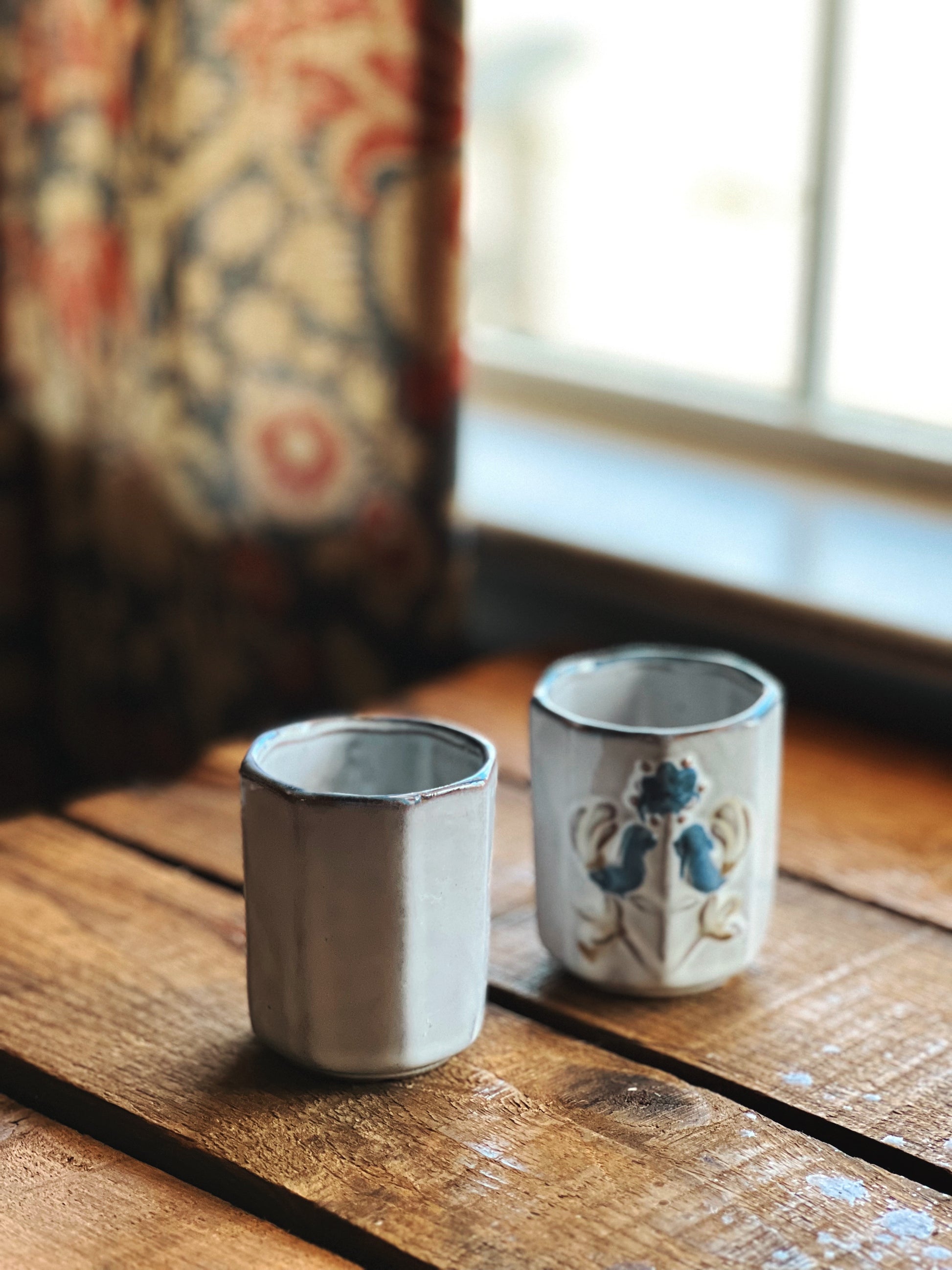 Pair of Stoneware Cups with Blue Bird Design