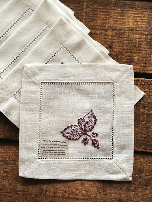 Set of 6 Williams Sonoma Mayfair Linen Embroidered Cocktail Napkins