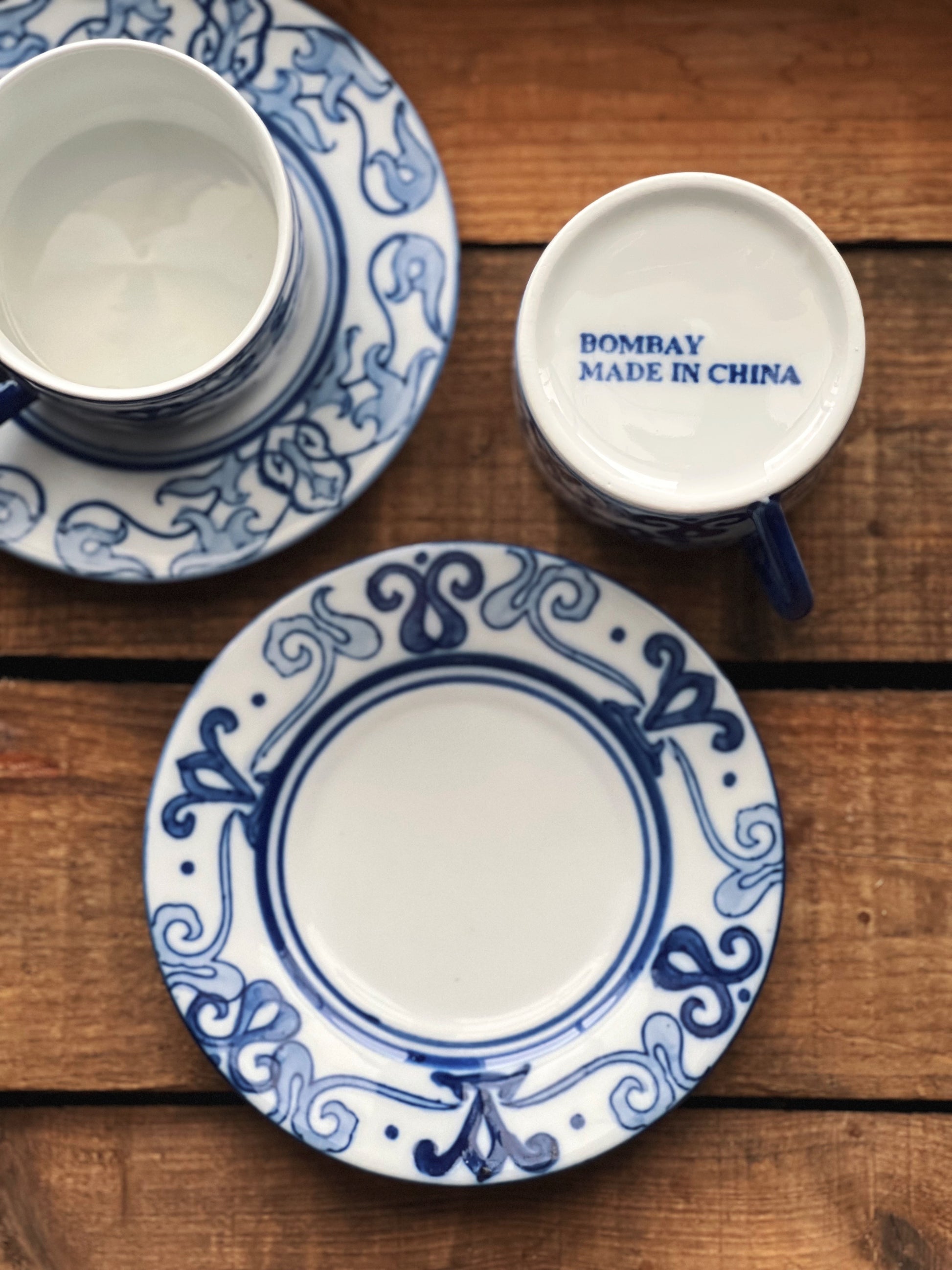 Vintage Bombay Company Set of 6 Blue and White Mix & Match Flat Cup & Saucer Sets