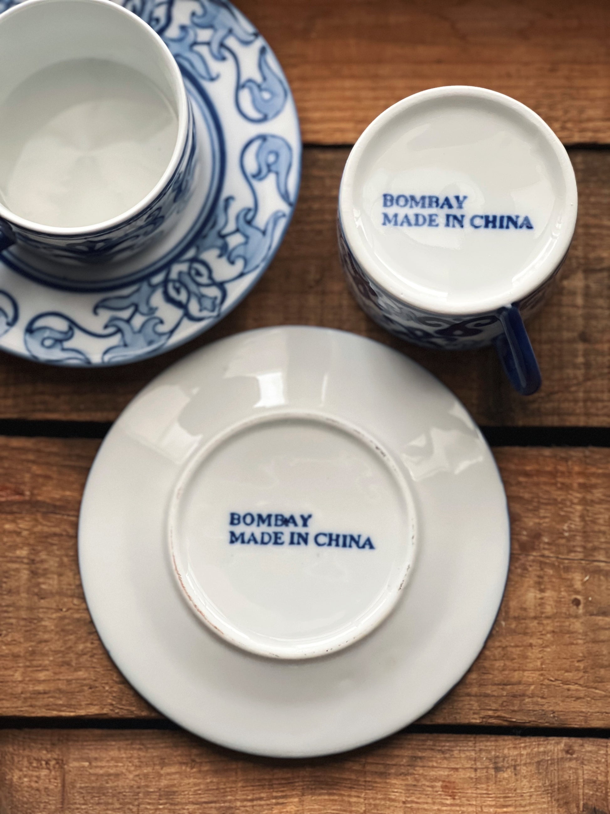 Vintage Bombay Company Set of 6 Blue and White Mix & Match Flat Cup & Saucer Sets