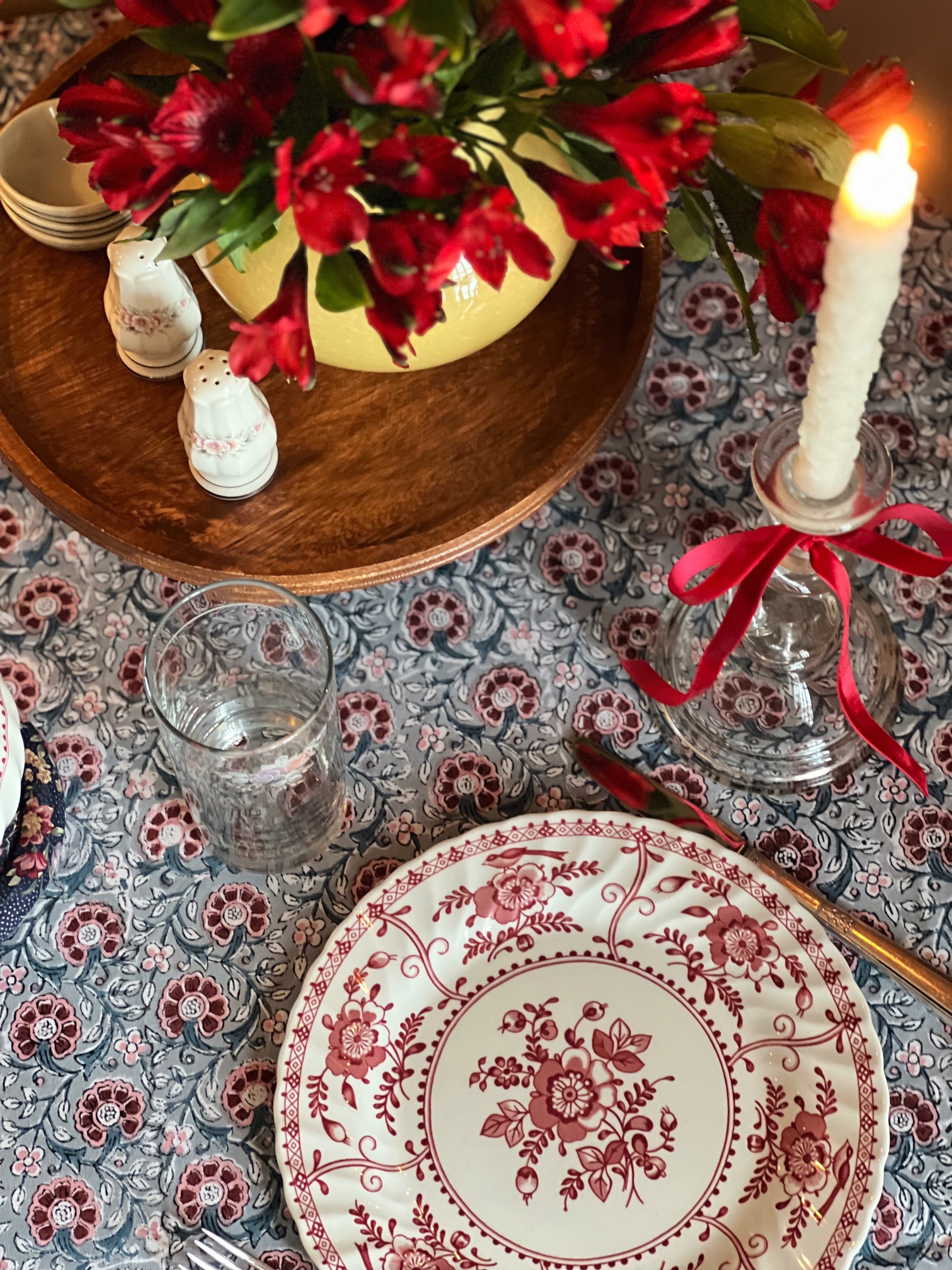 Block Print Tablecloth in Blue & Red Hand Made in Spain
