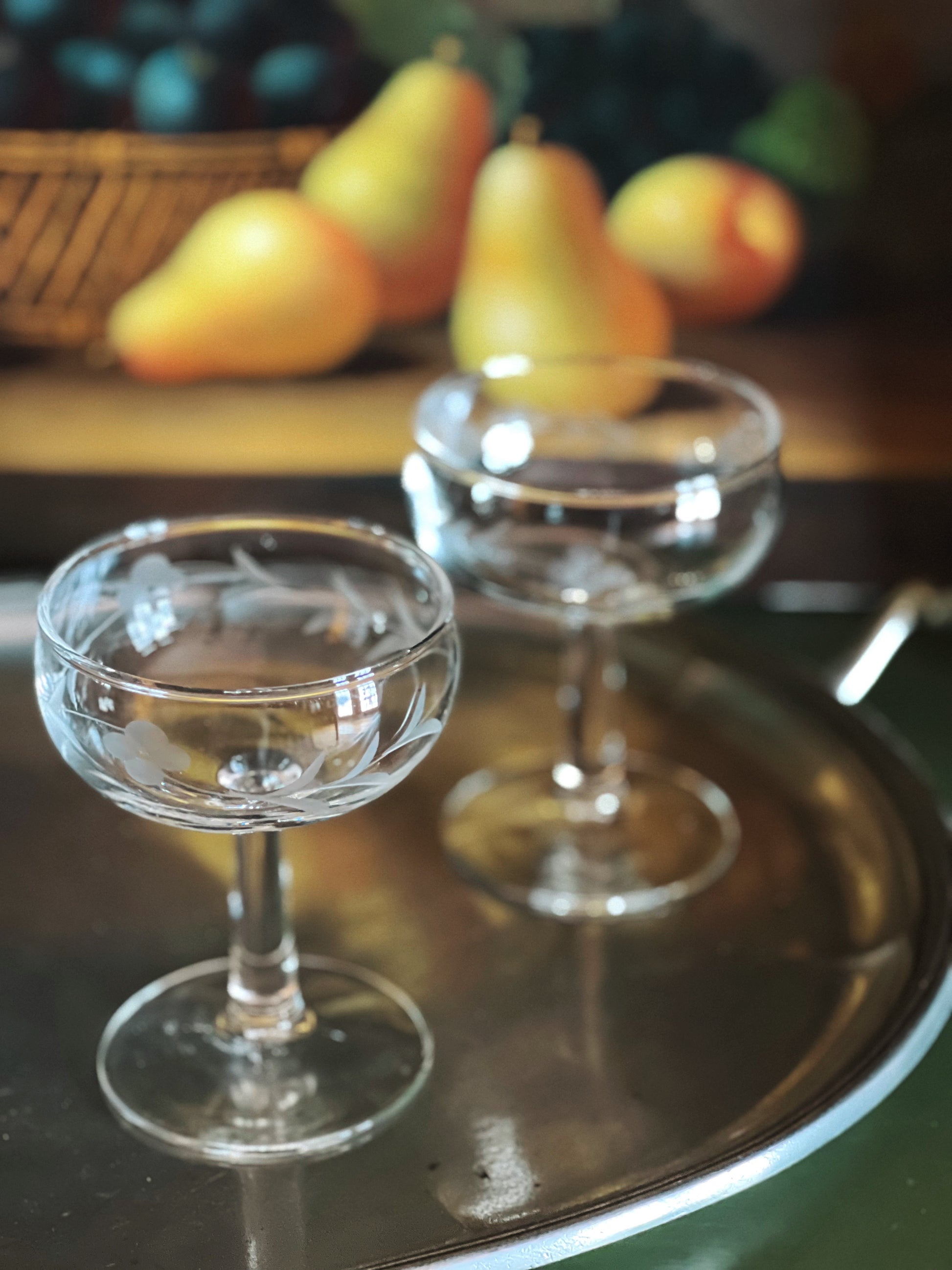 Vintage Pair of Etched Champagne Coupes