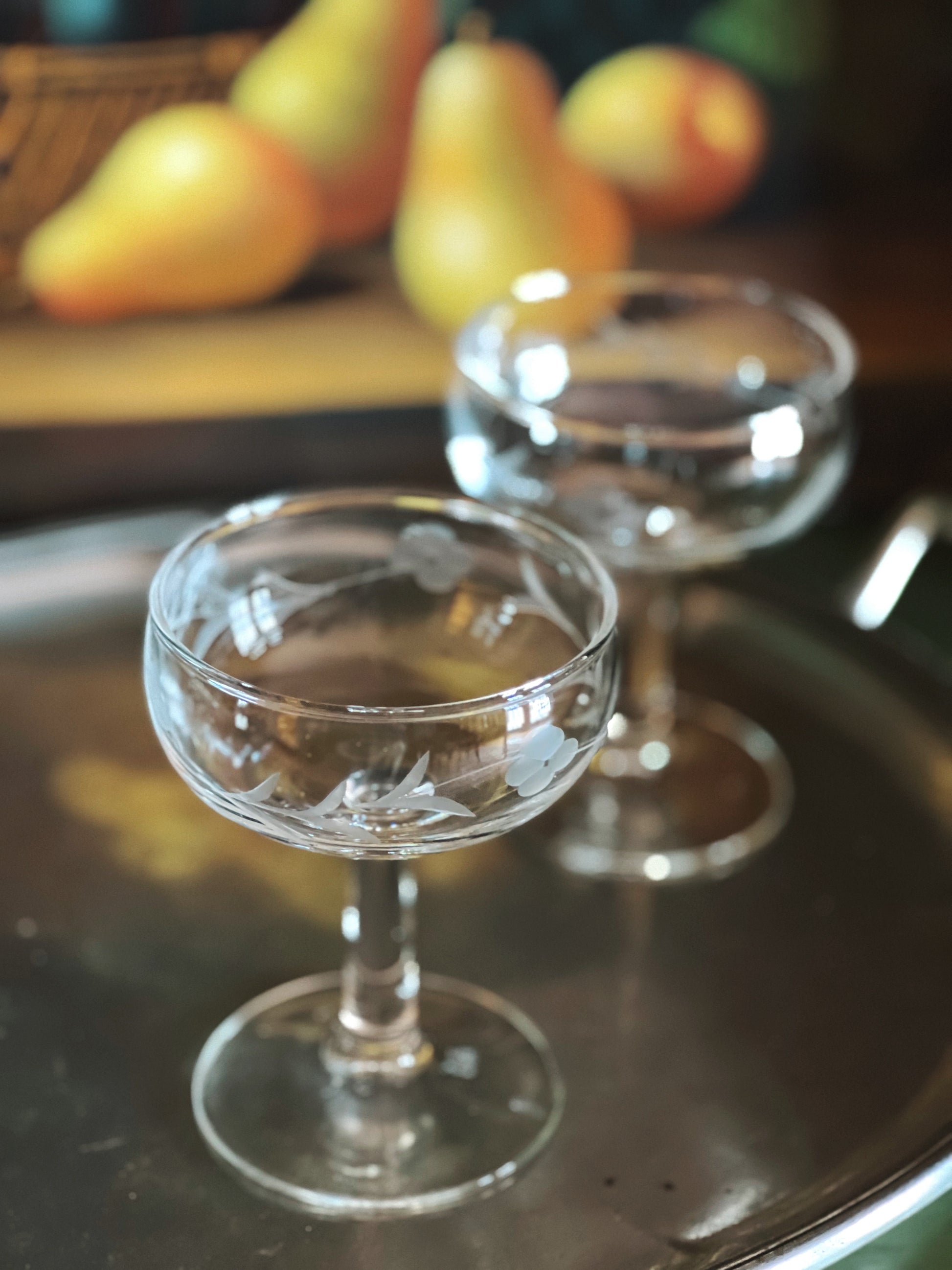 Vintage Pair of Etched Champagne Coupes