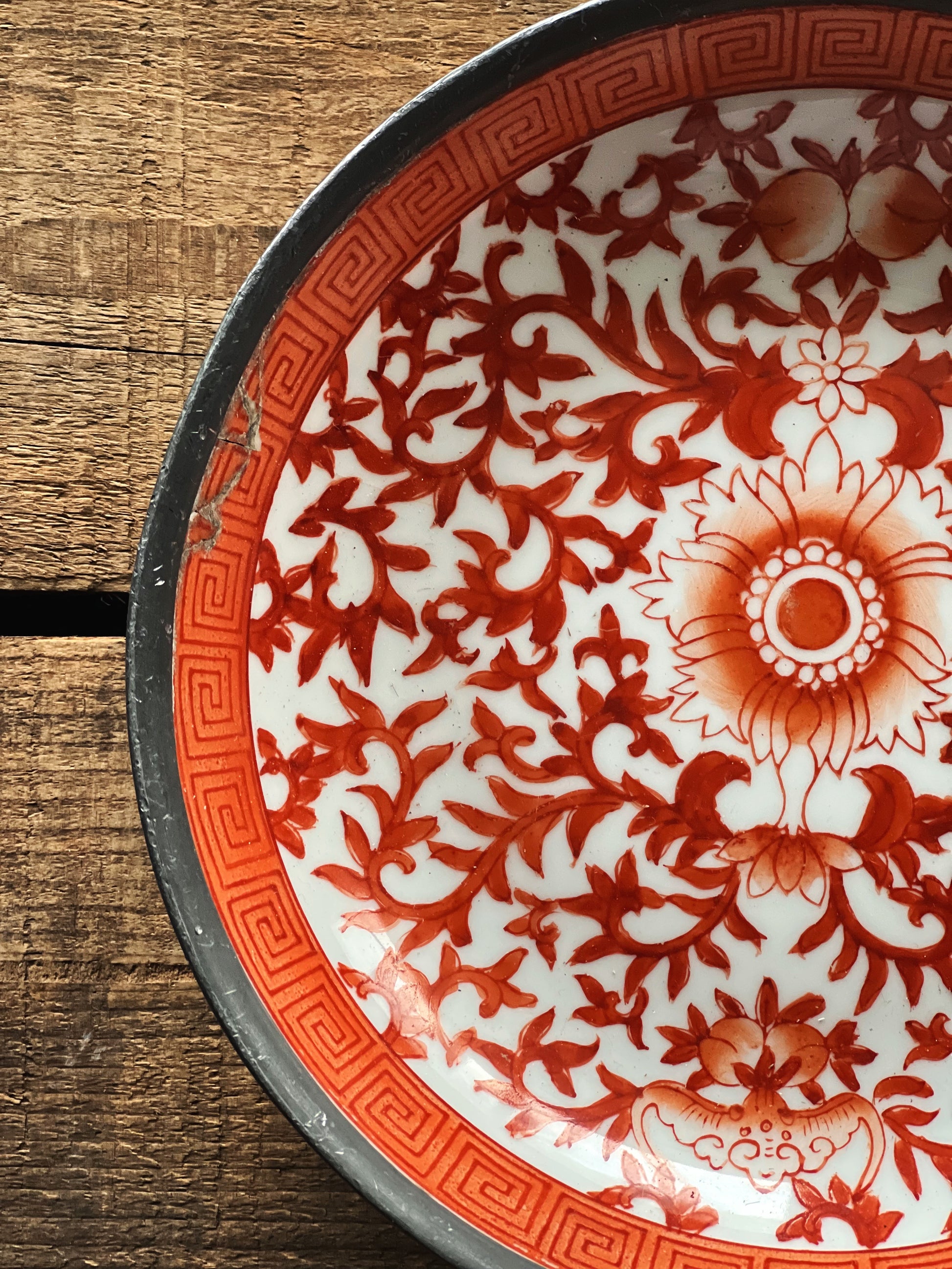 Vintage Silver and Porcelain Red Chinoiserie Bowl Hong Kong