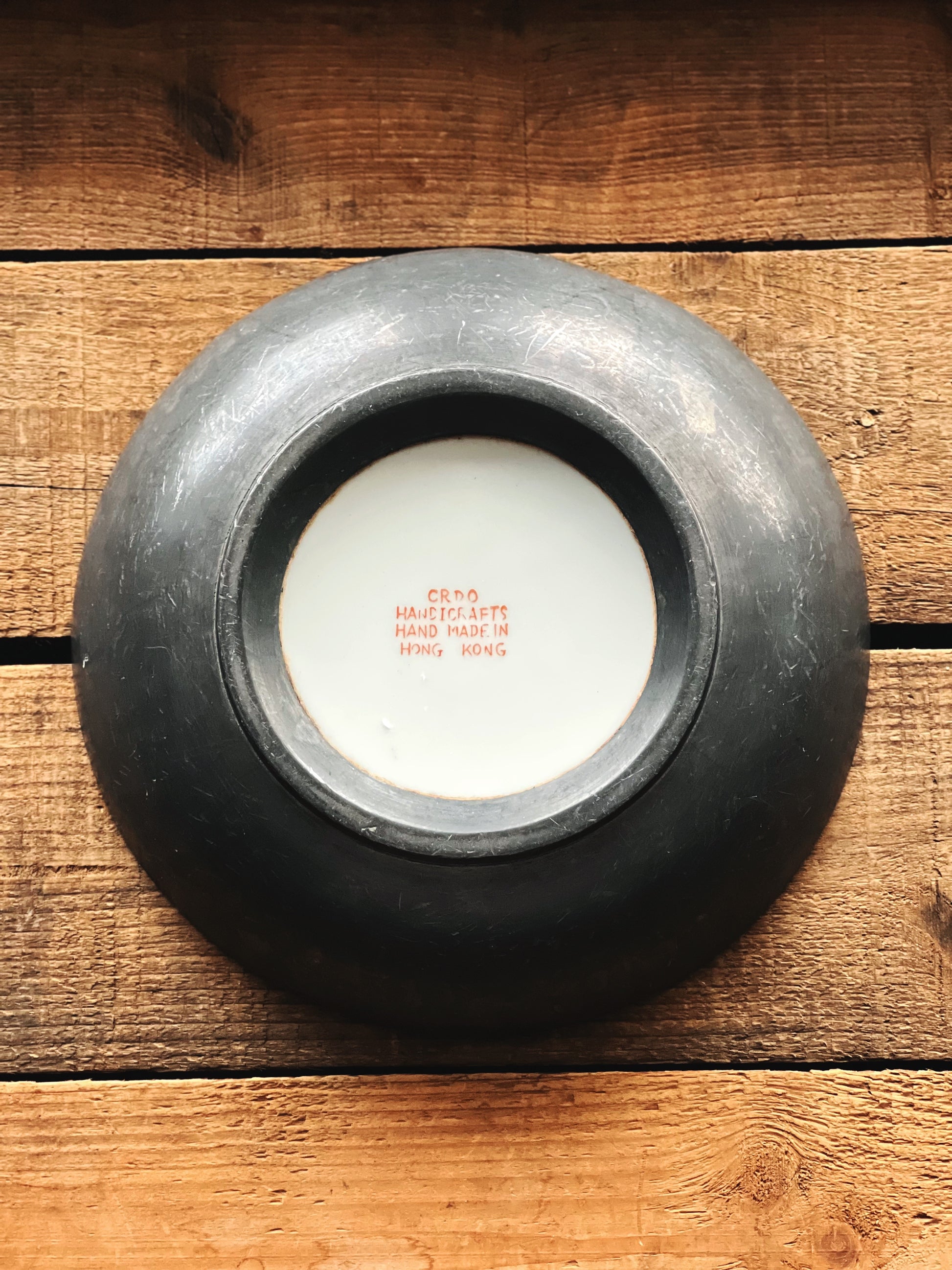 Vintage Silver and Porcelain Red Chinoiserie Bowl Hong Kong