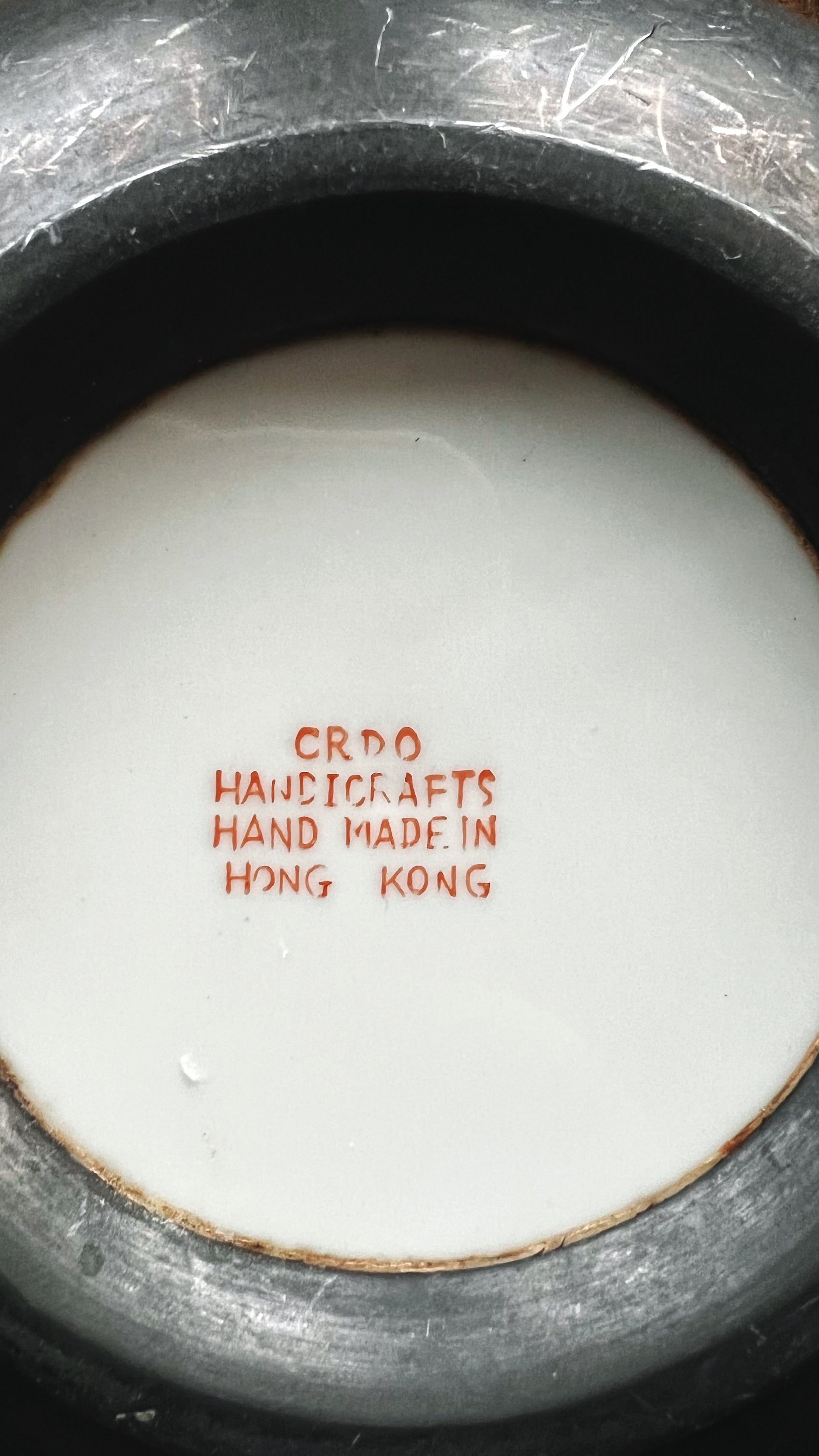 Vintage Silver and Porcelain Red Chinoiserie Bowl Hong Kong