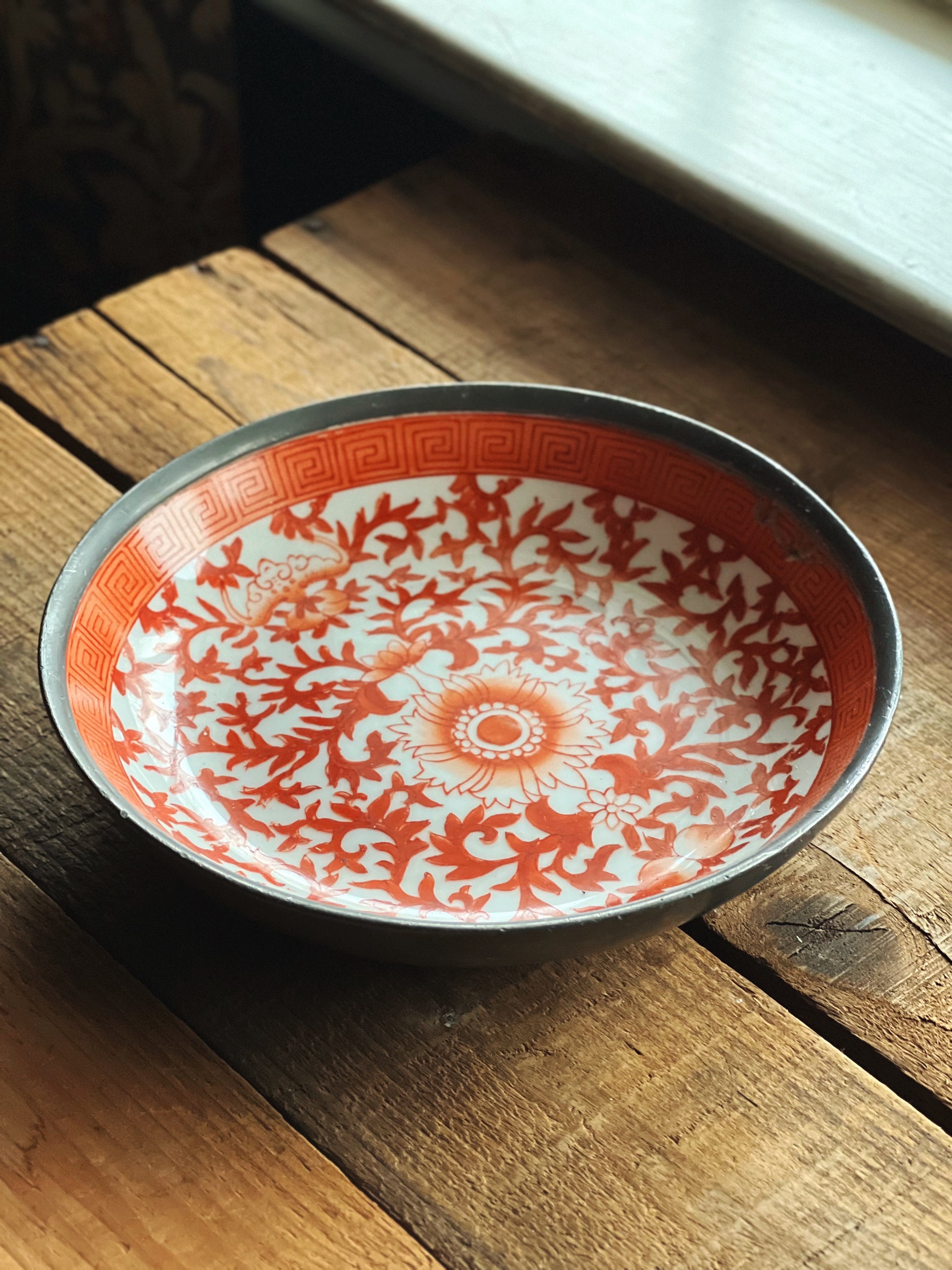 Vintage Silver and Porcelain Red Chinoiserie Bowl Hong Kong