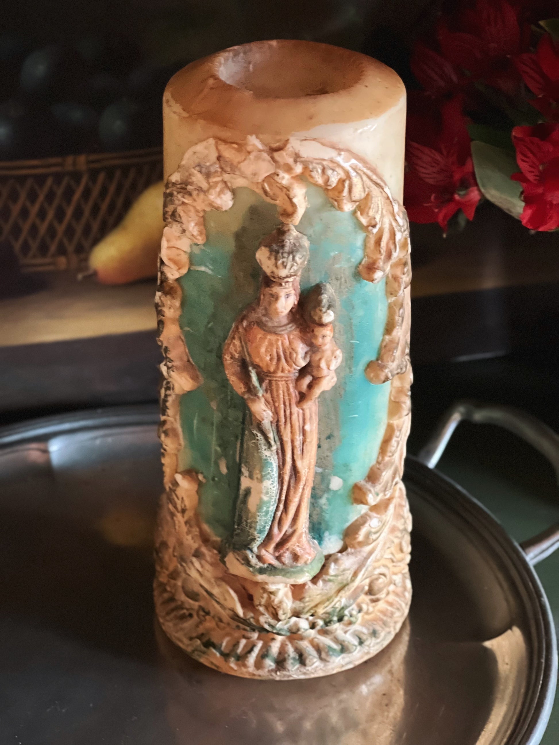 Hand Carved & Painted Vintage Religious Icon Candle
