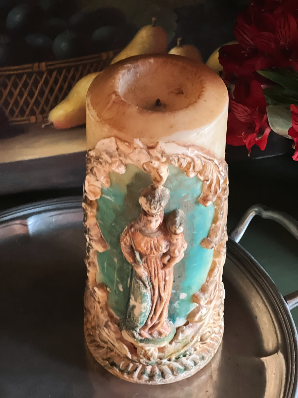 Hand Carved & Painted Vintage Religious Icon Candle
