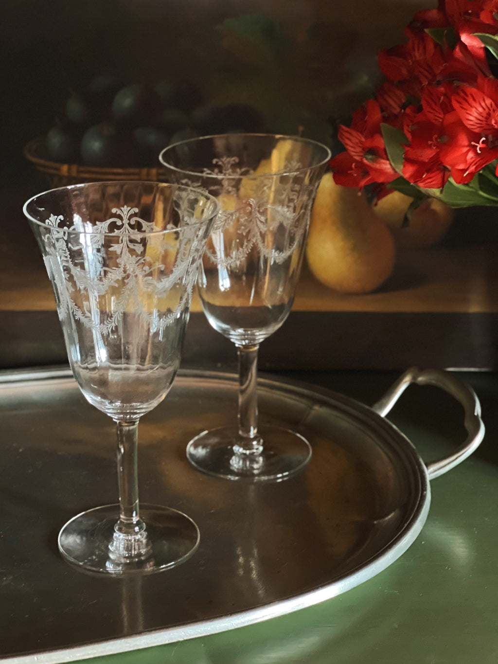 Pair of Vintage Etched Crystal Wine Glasses