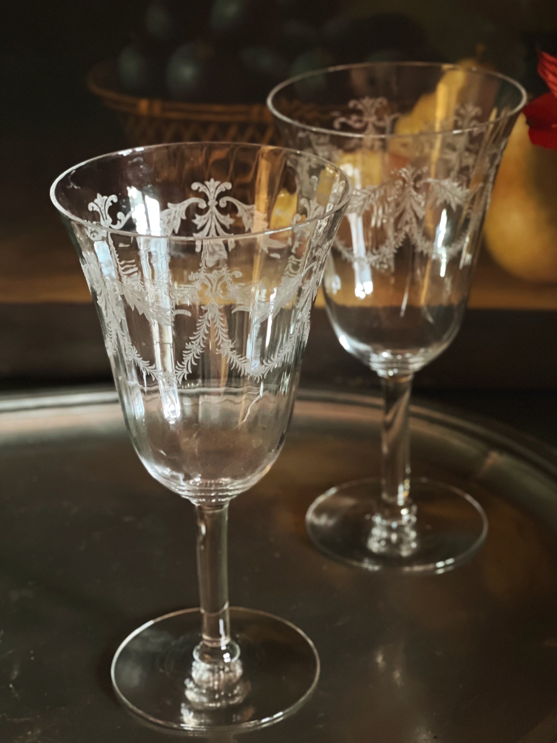 Pair of Vintage Etched Crystal Wine Glasses