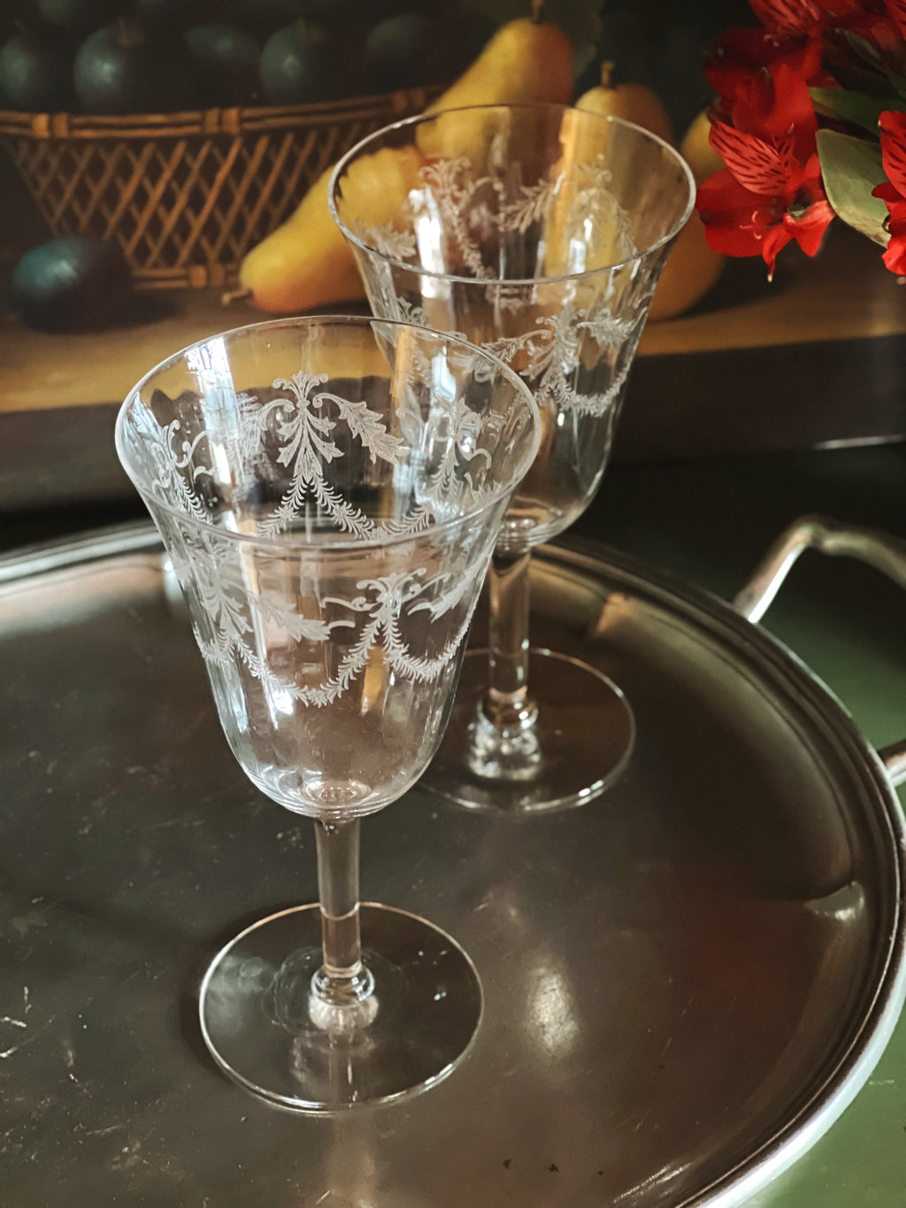 Pair of Vintage Etched Crystal Wine Glasses