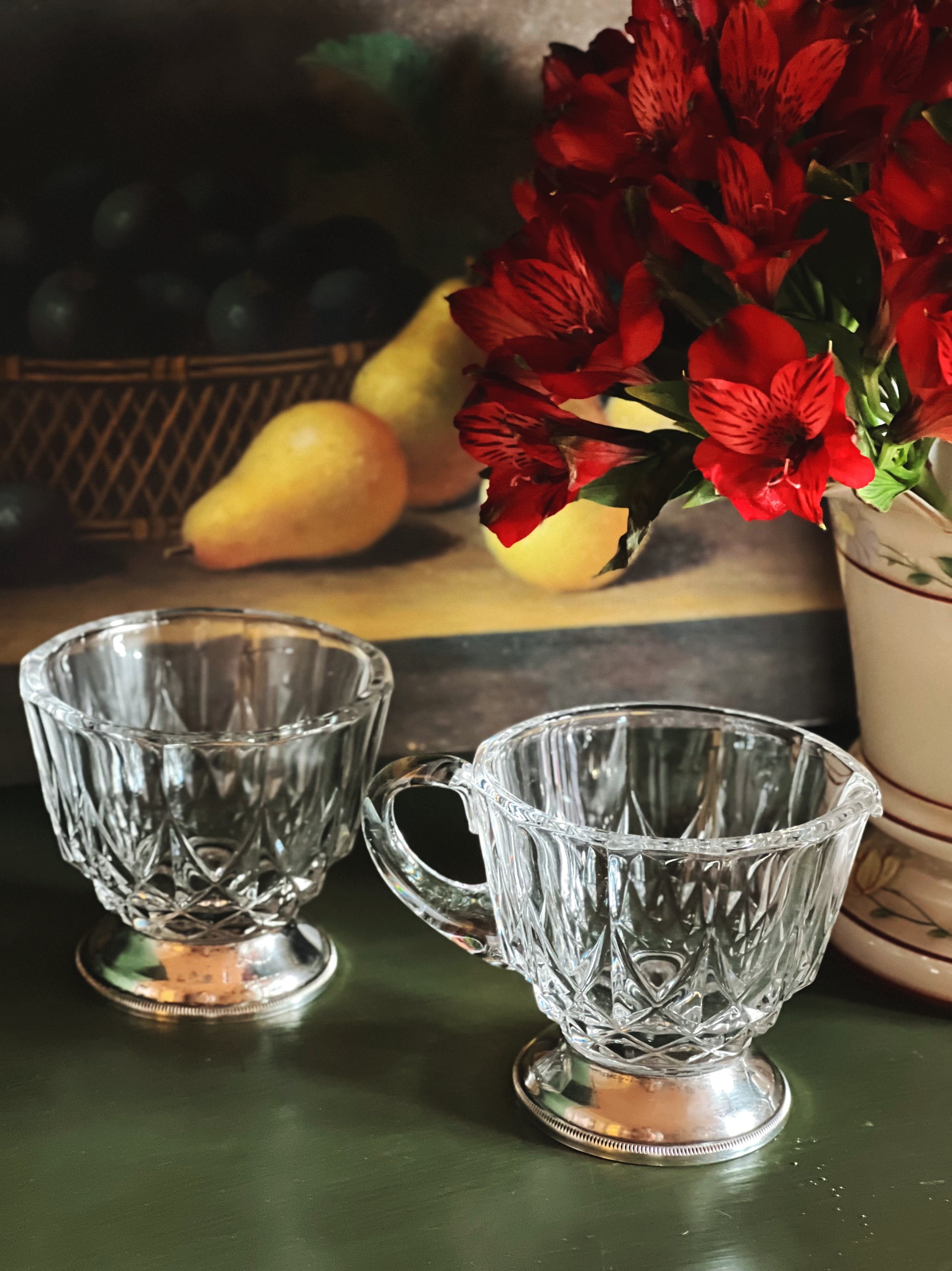 Vintage Val St. Lambert Crystal & Silver Rim Creamer & Sugar Bowl Set