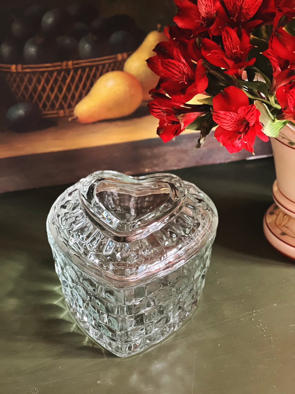 Large Vintage Cut Glass Heart Trinket Box