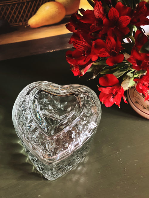 Large Vintage Cut Glass Heart Trinket Box