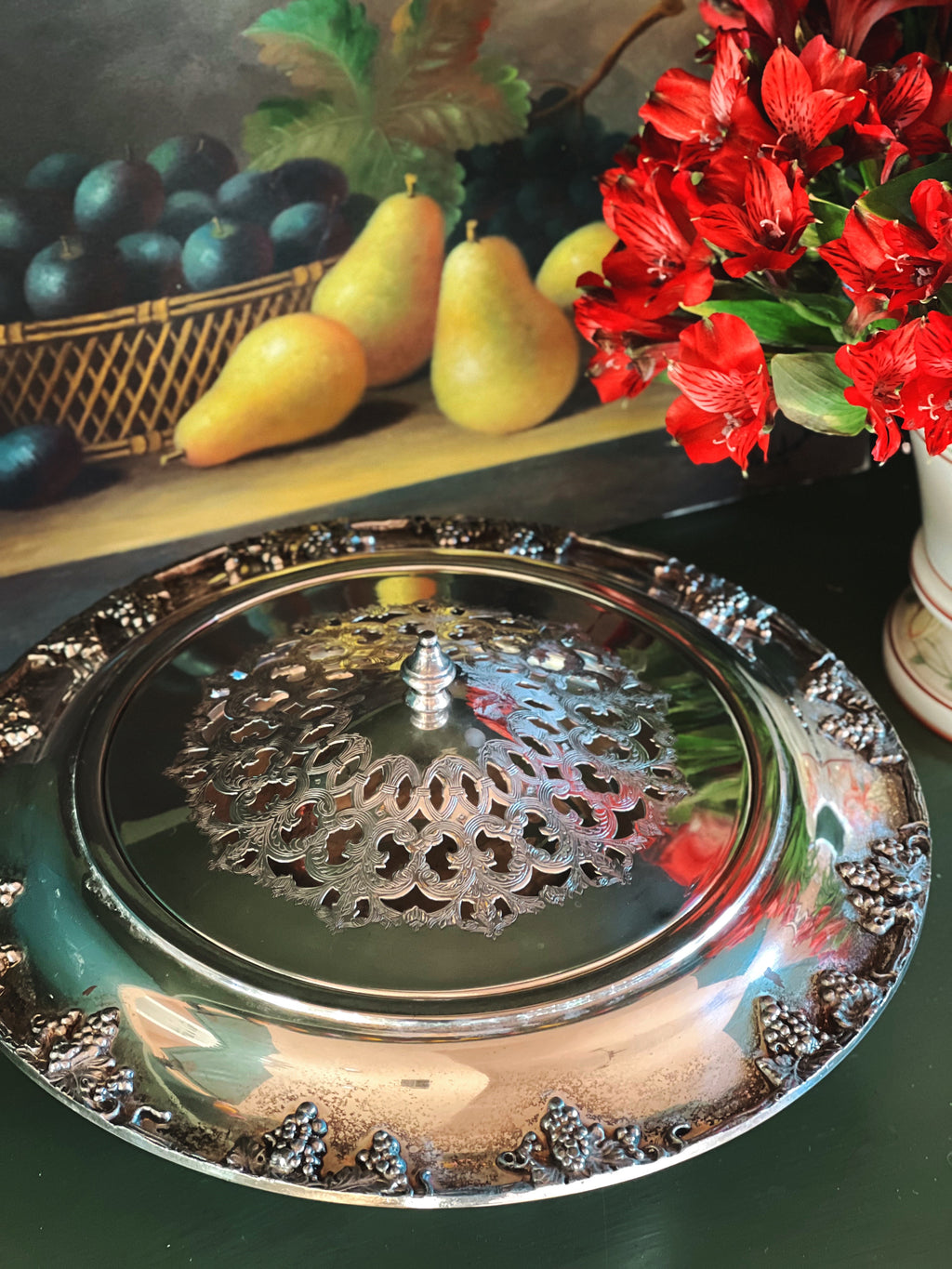 Vintage Silverplate on Copper Round Silver Serving Bowl with Lid