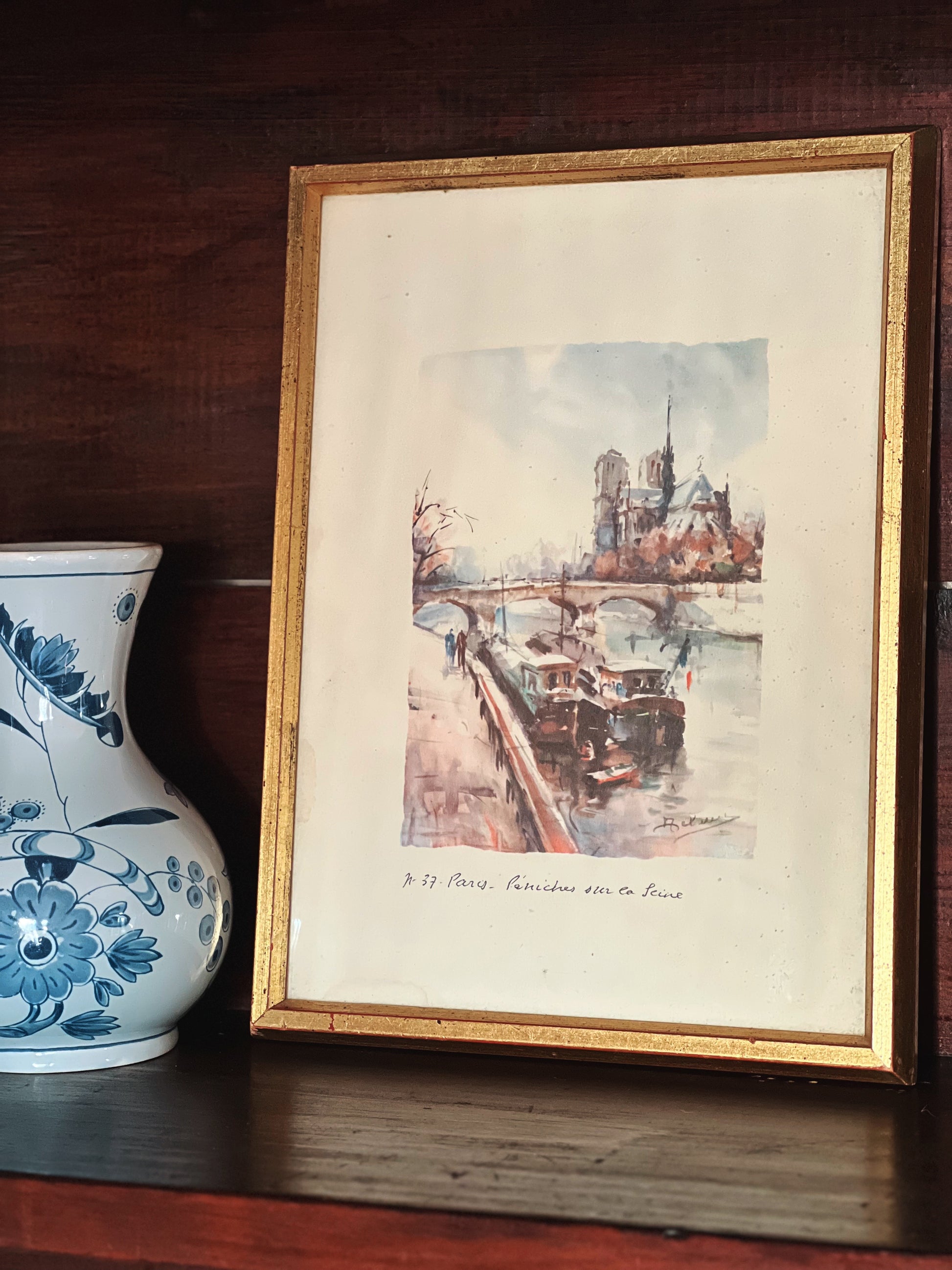 Vintage Framed Print Paris Peniche Sur La Seine Watercolor