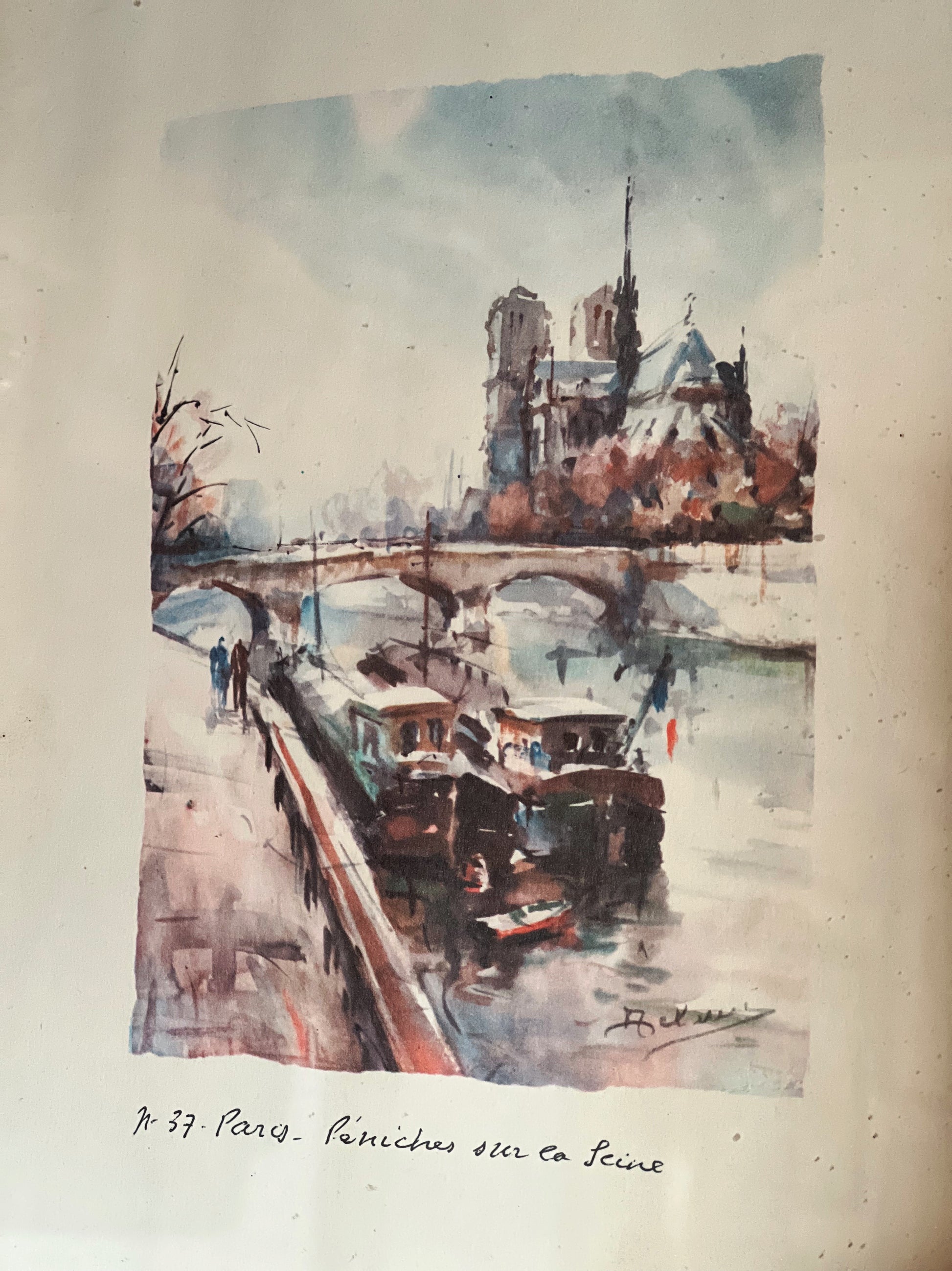 Vintage Framed Print Paris Peniche Sur La Seine Watercolor