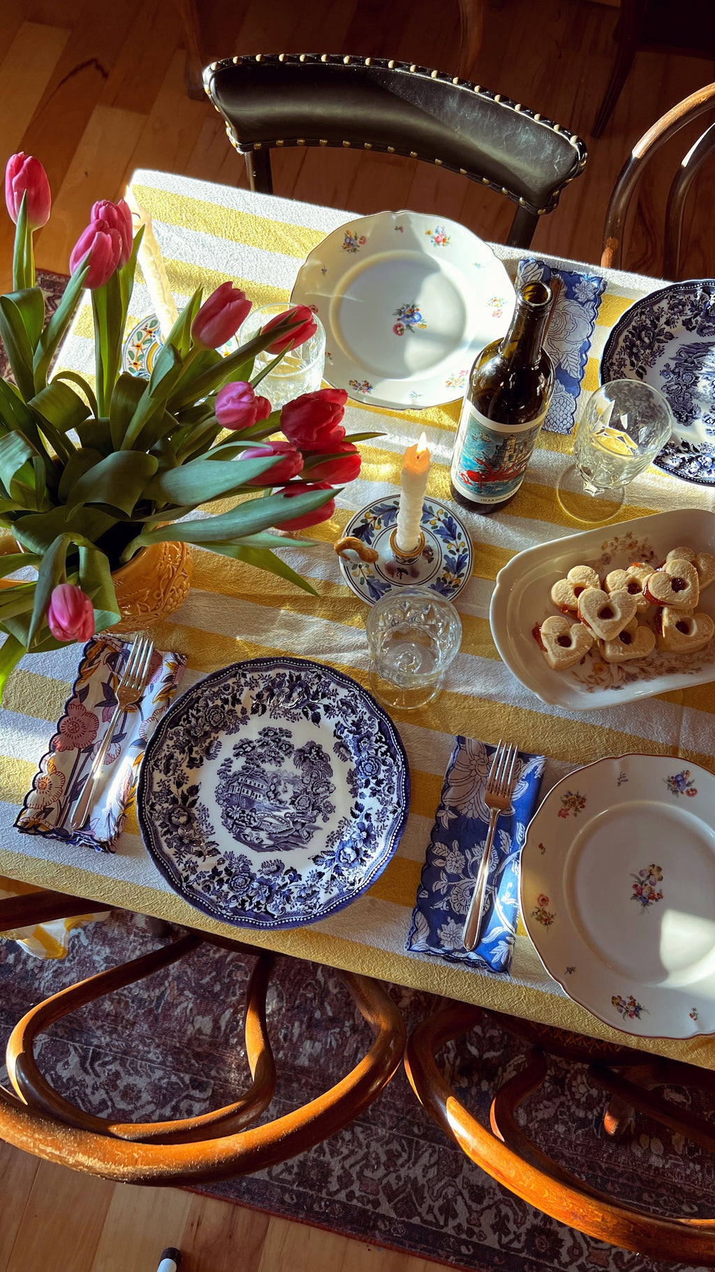 Set of 4 Blue & Pink Block Print Napkins Hand Made in Spain