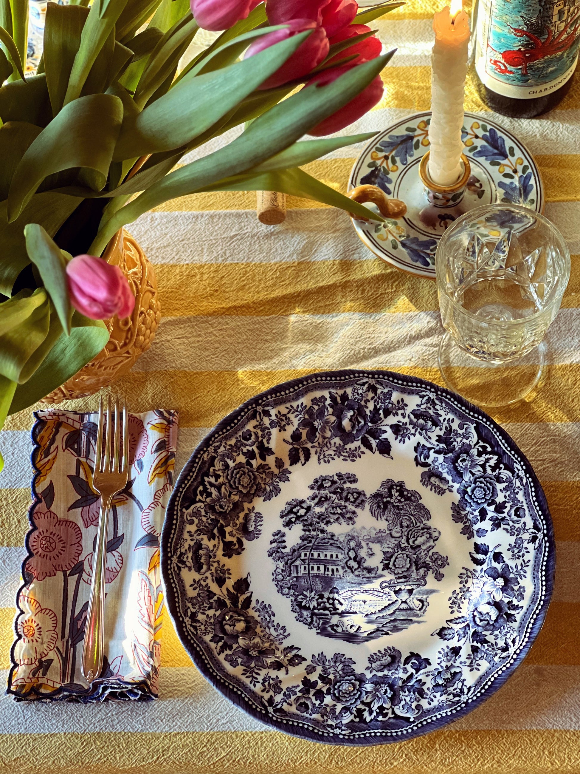 Set of 4 Blue & Pink Block Print Napkins Hand Made in Spain