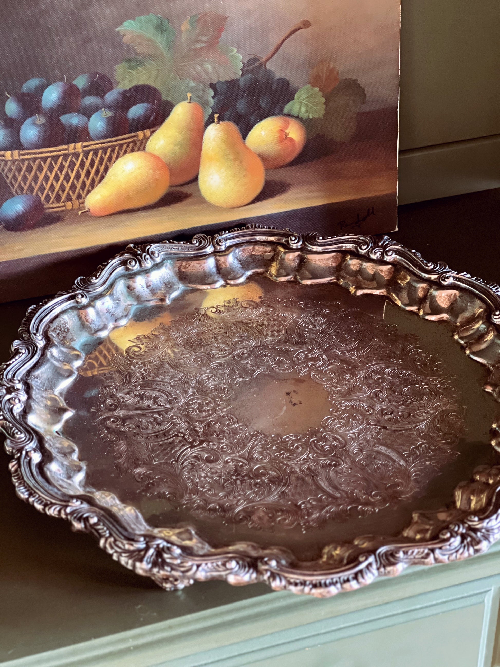 Vintage English Silver Mfg Corp Large Round Silver Serving Tray