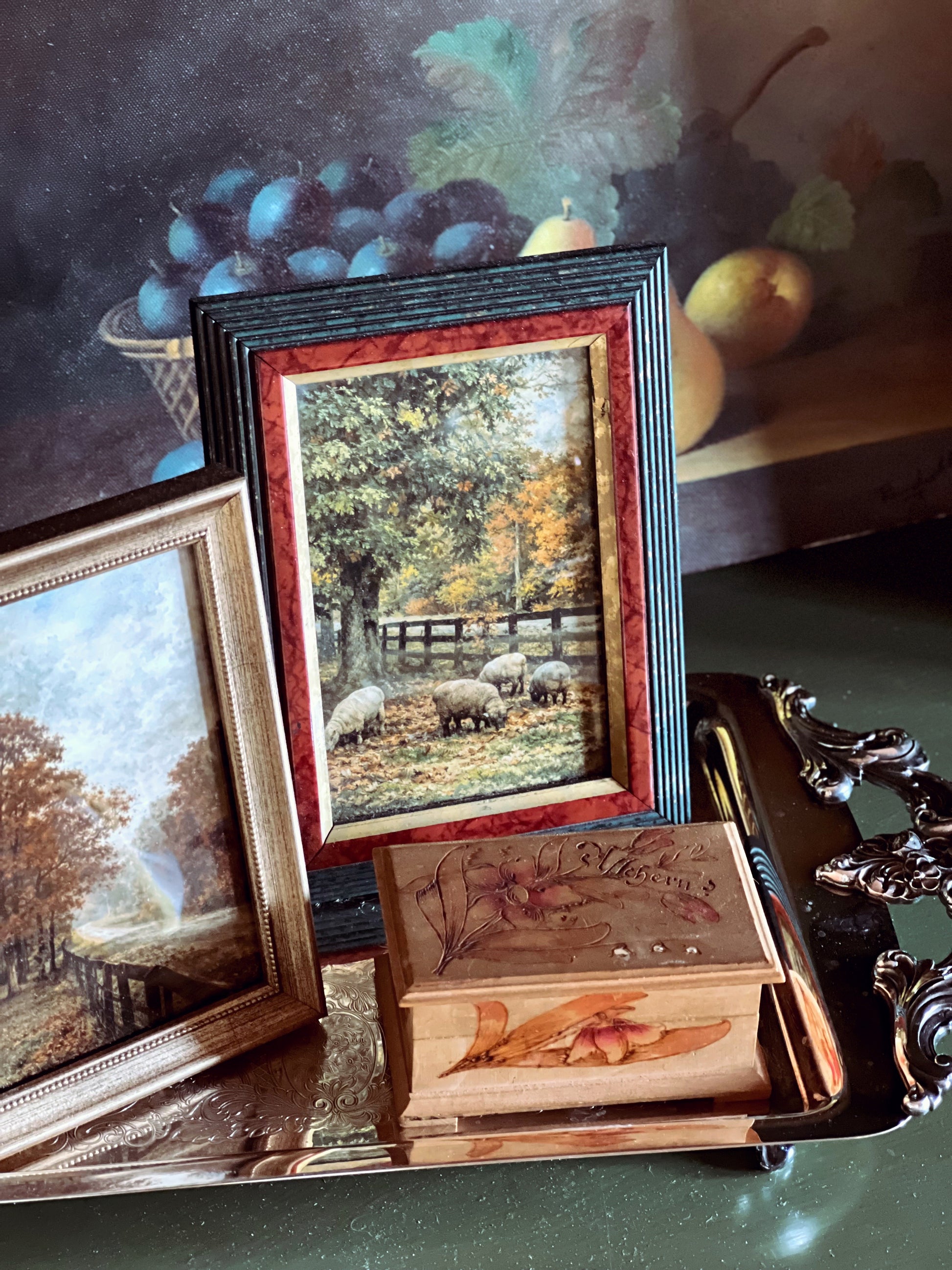 Vintage Hand Painted & Carved Wood Trinket Box