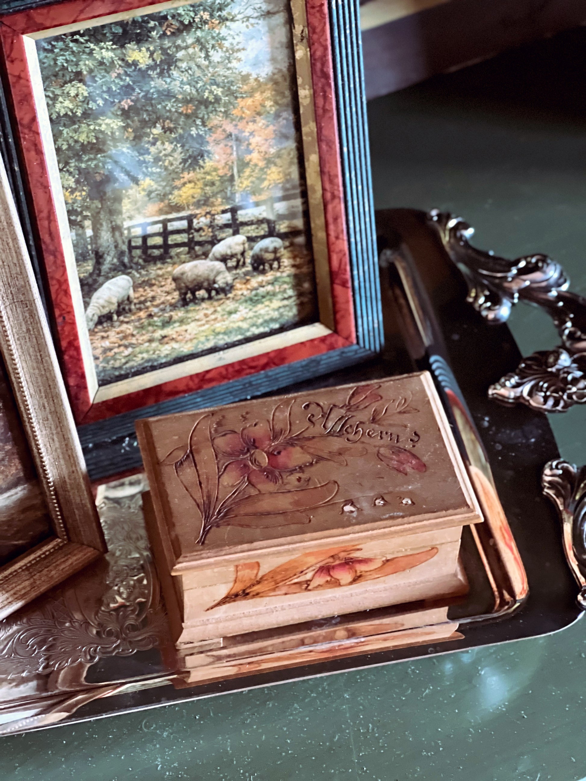Vintage Hand Painted & Carved Wood Trinket Box