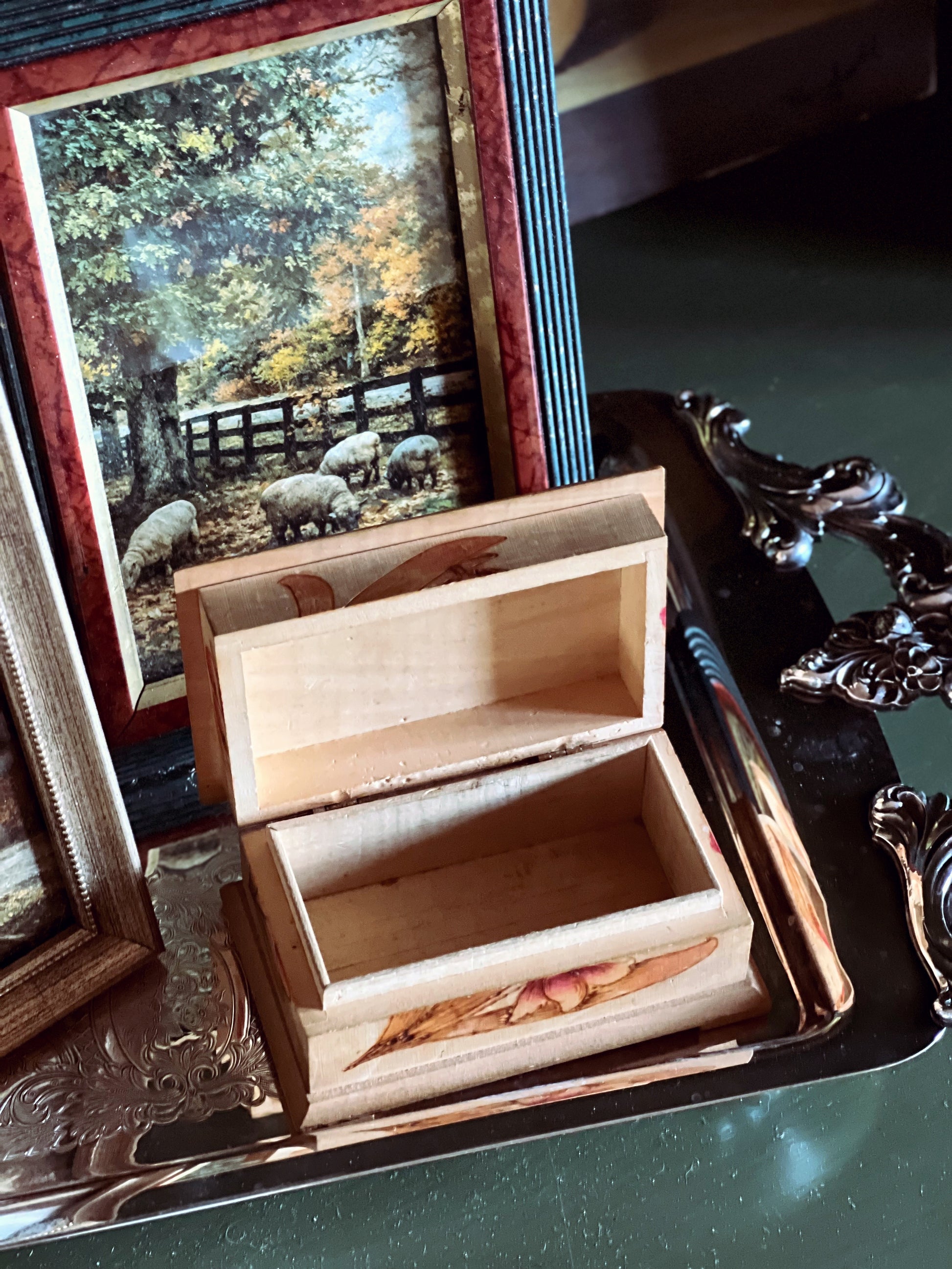 Vintage Hand Painted & Carved Wood Trinket Box