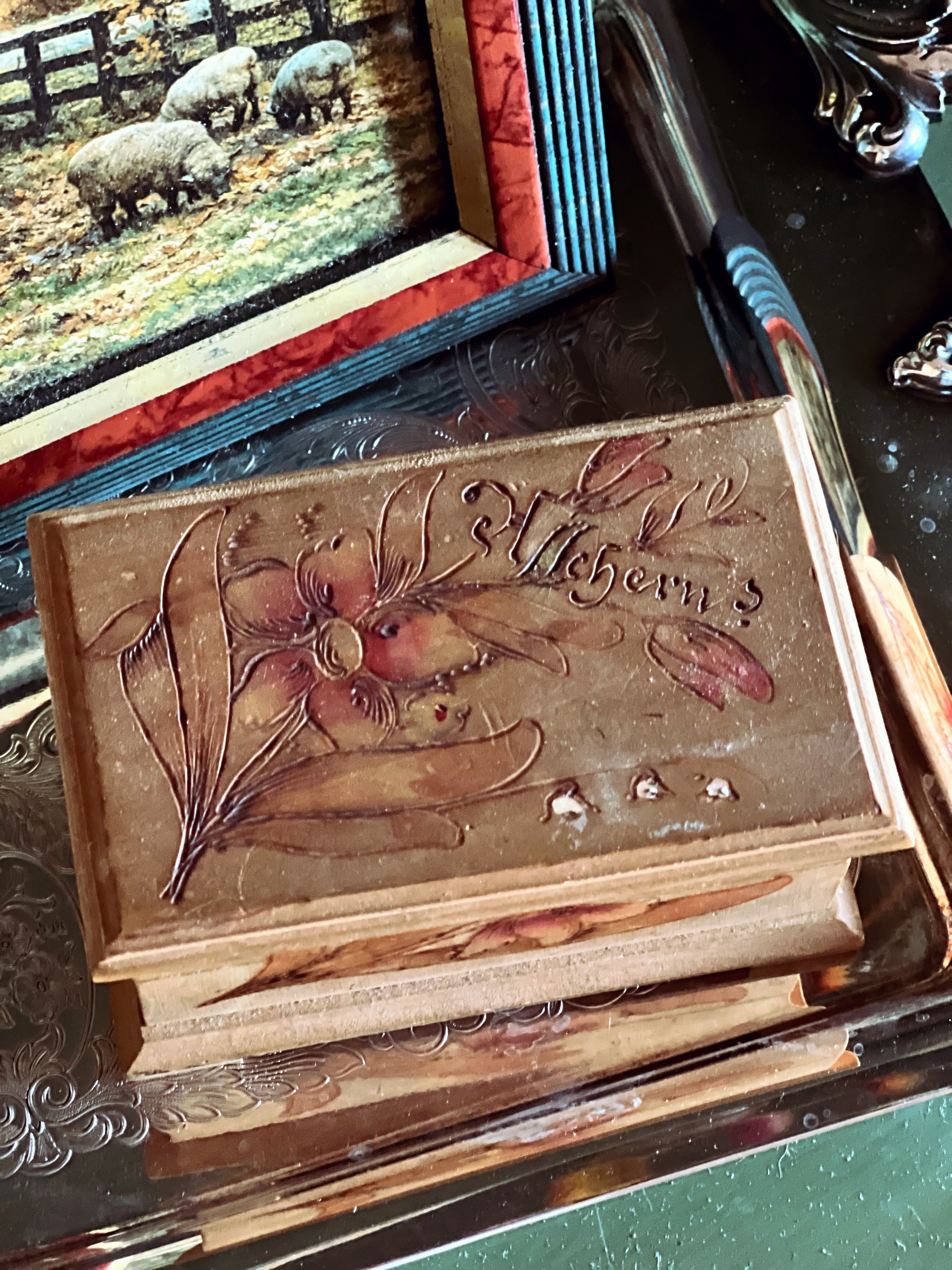 Vintage Hand Painted & Carved Wood Trinket Box