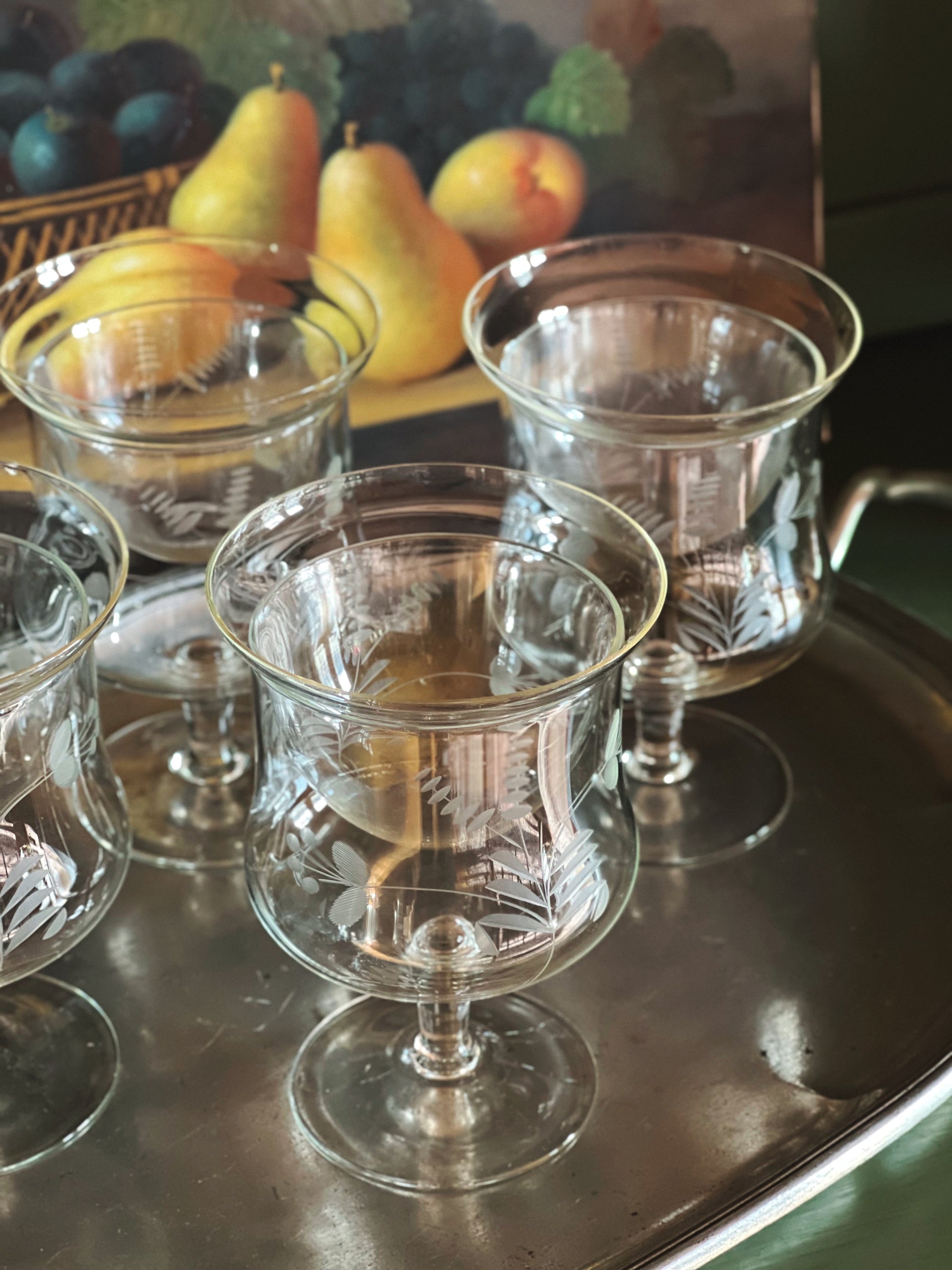 Vintage Set of 4 Etched Glass Shrimp Servers Icers