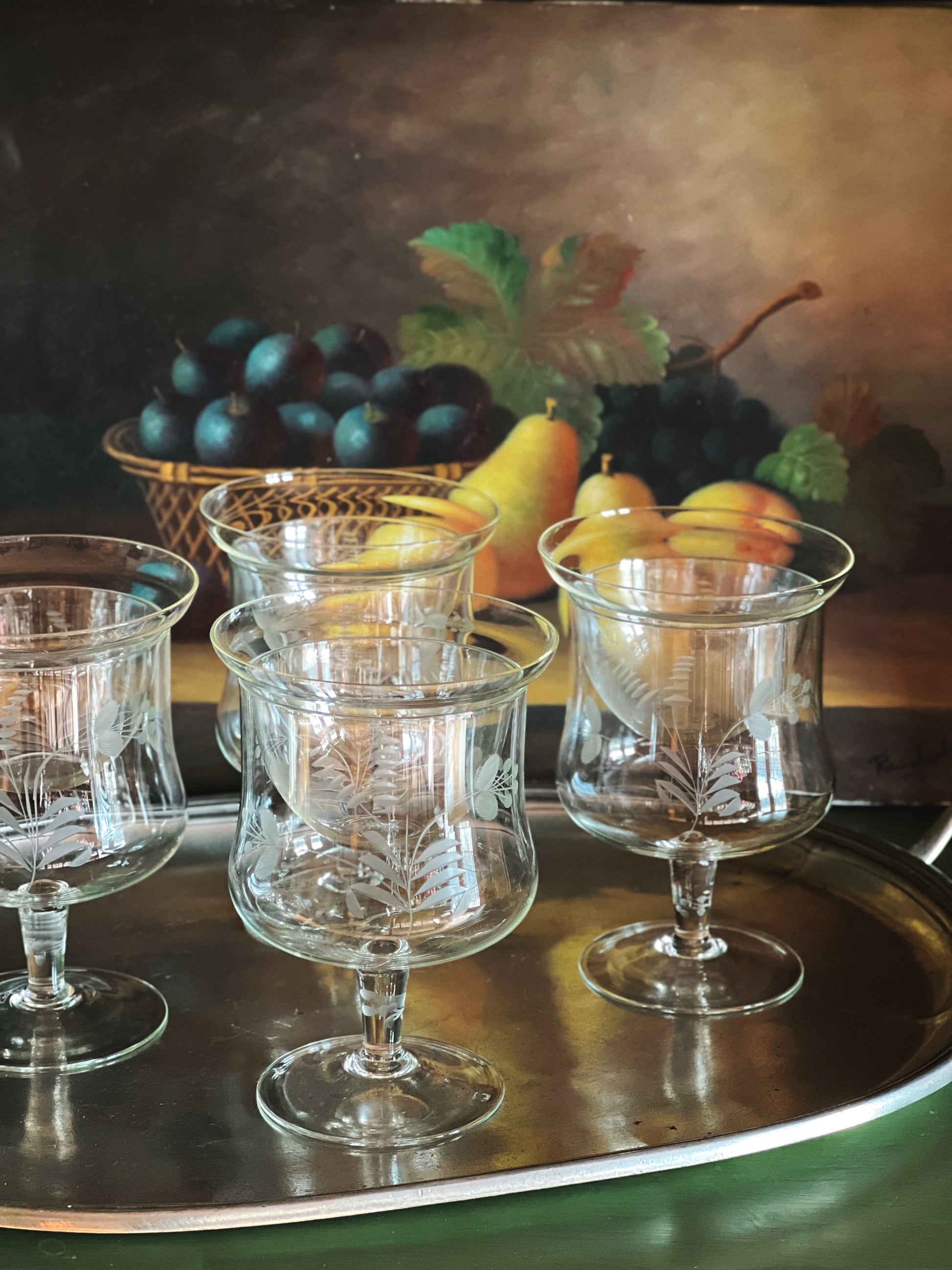 Vintage Set of 4 Etched Glass Shrimp Servers Icers