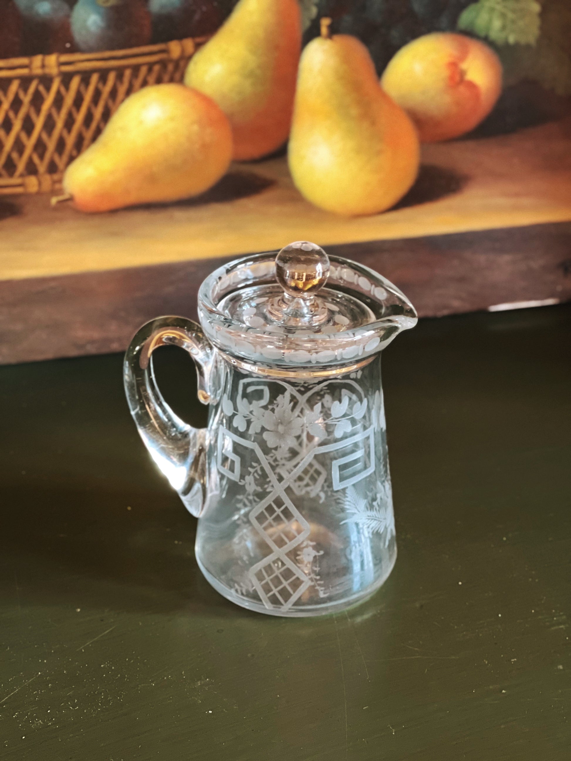 Vintage Etched Glass Creamer with Lid