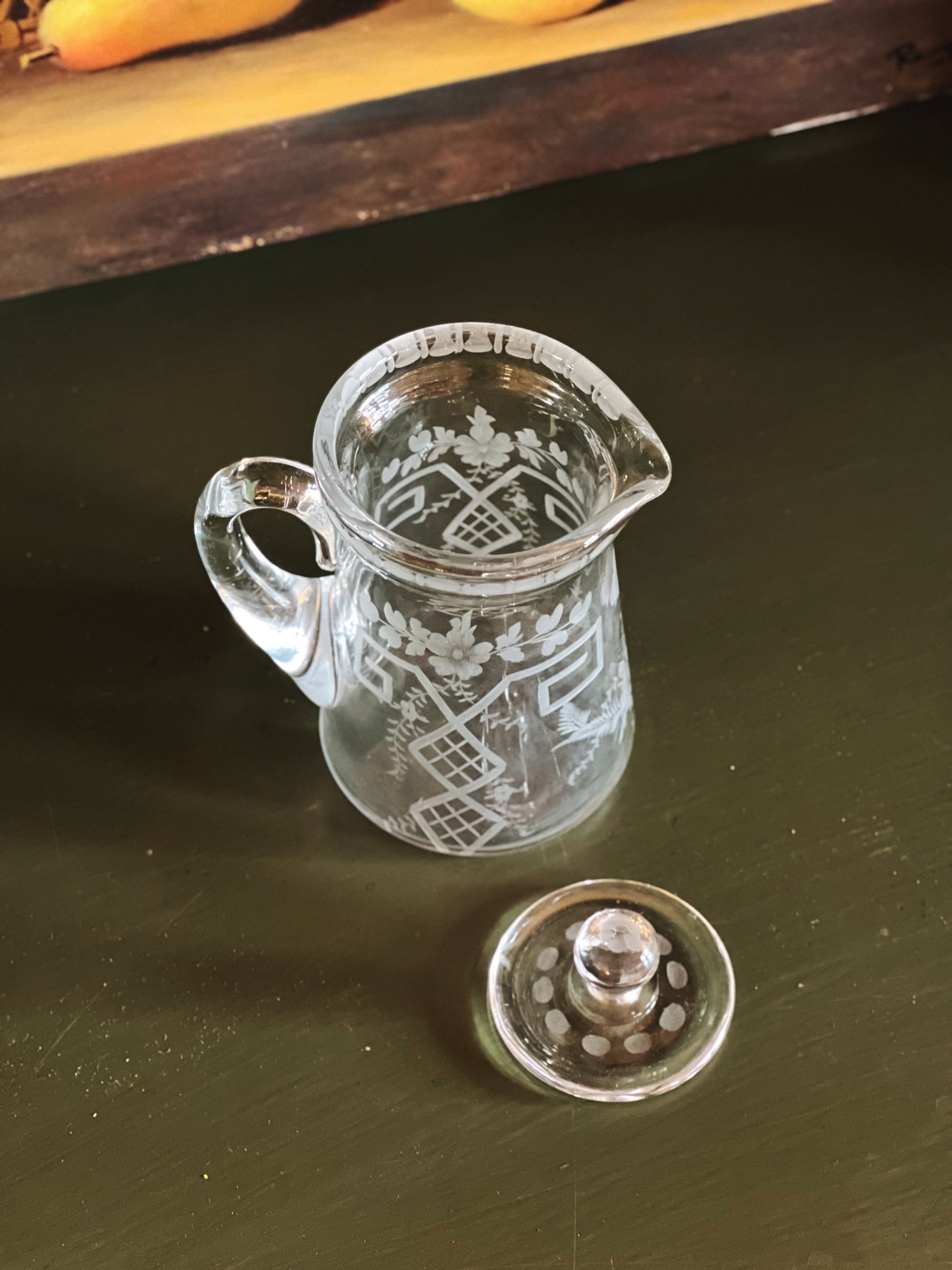 Vintage Etched Glass Creamer with Lid