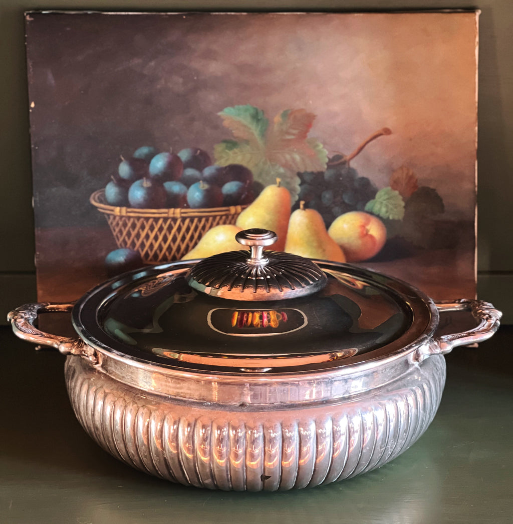 Vintage Silver-plate Round 3 Piece Serving Bowl Chafing Dish