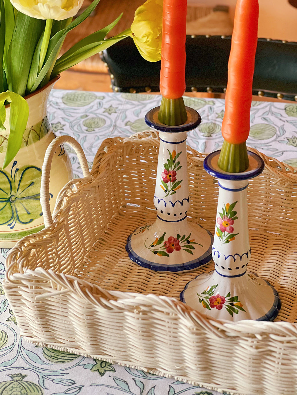 Pair of Hand Painted Vintage Ceramic Taper Candle Holders