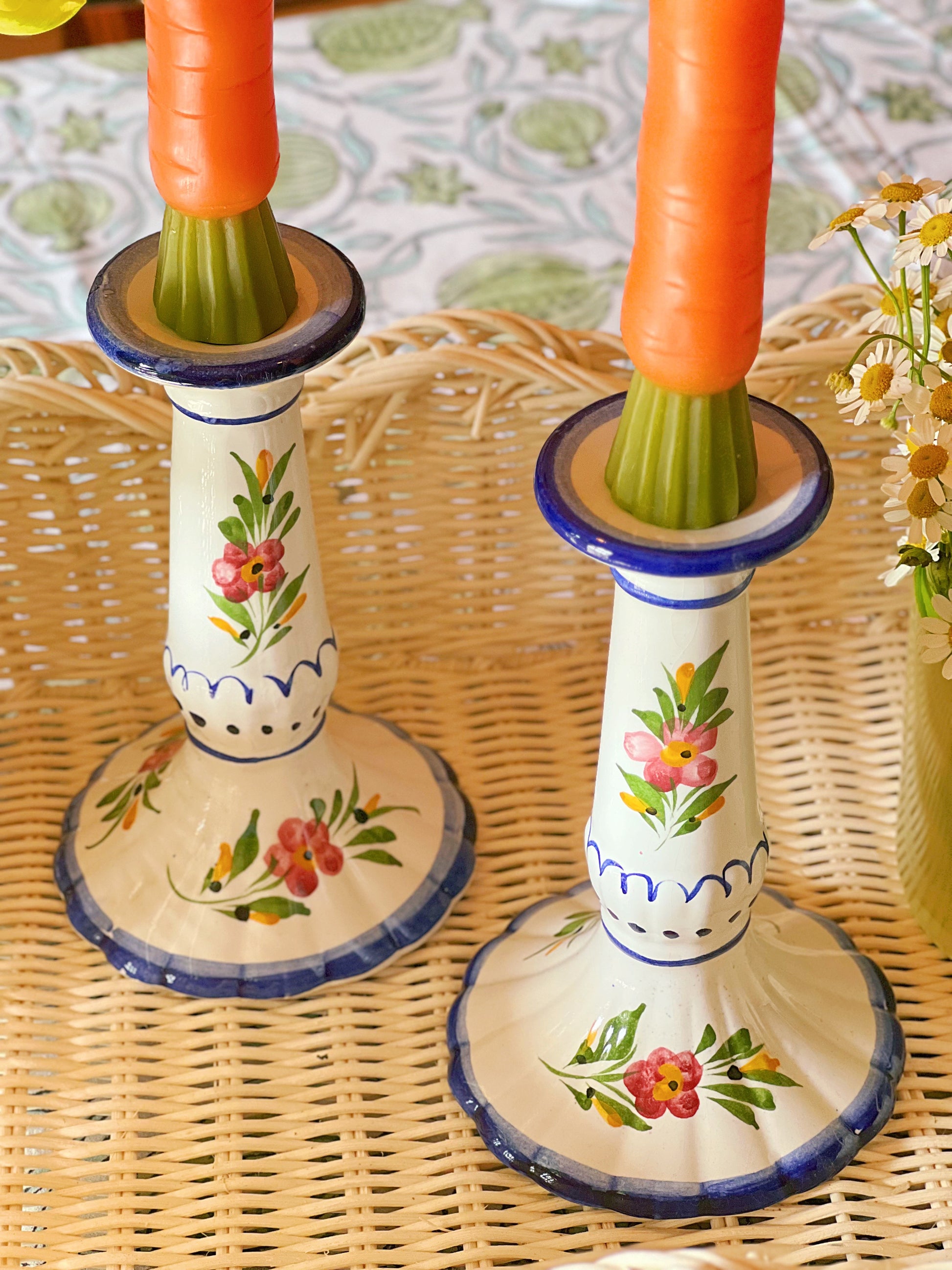 Pair of Hand Painted Vintage Ceramic Taper Candle Holders
