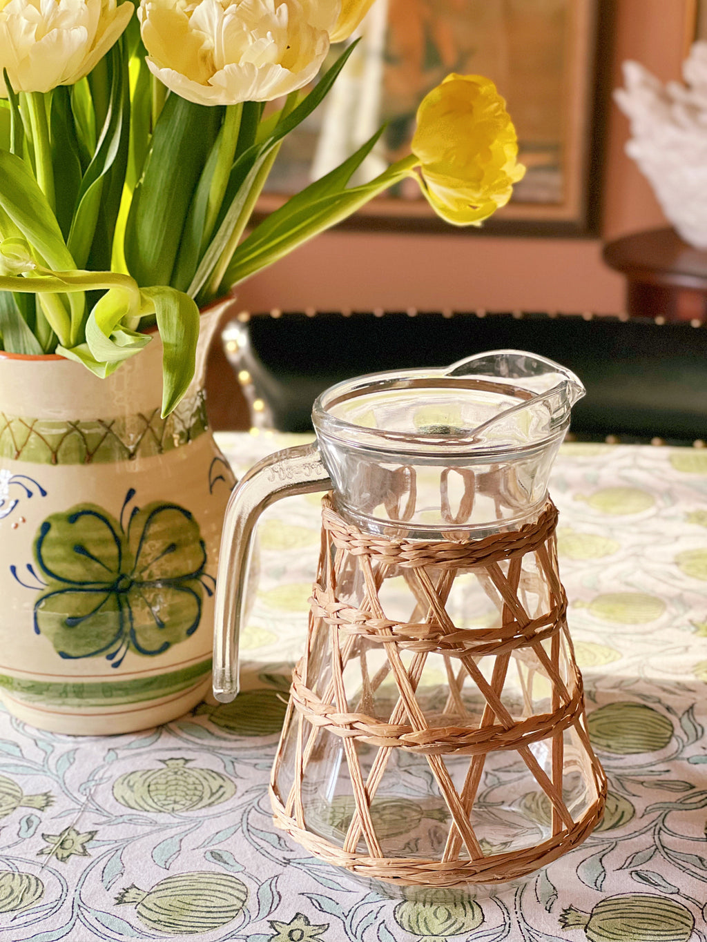 Raffia Wrapped Glass Beverage Pitcher