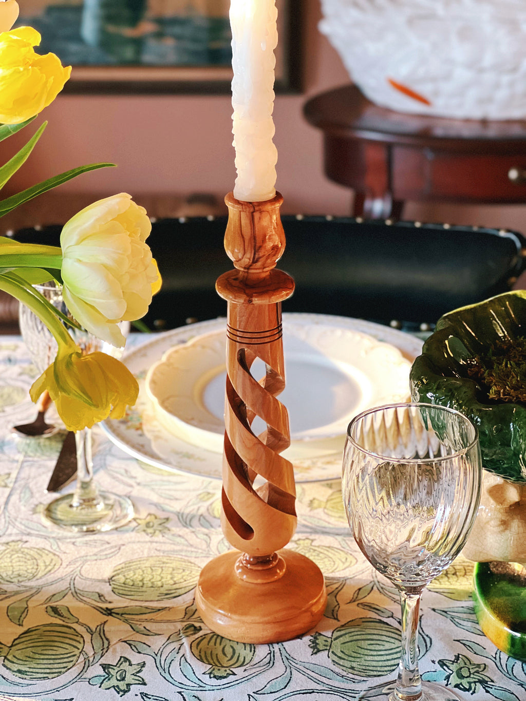 Vintage Pair of Open Twist Olive Wood Candleholders