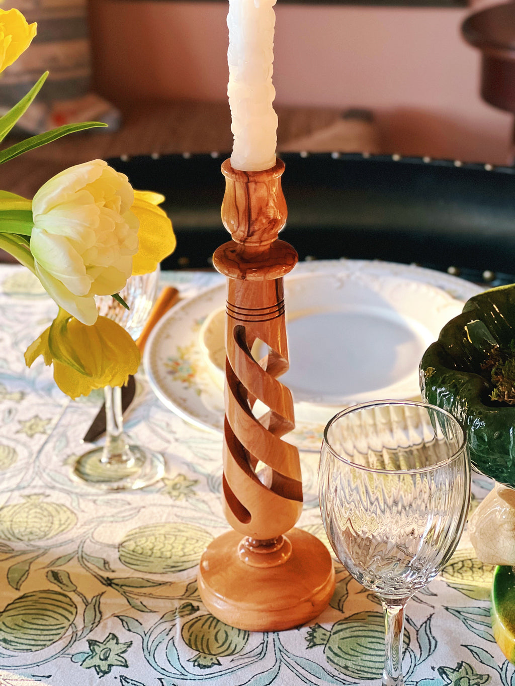 Vintage Pair of Open Twist Olive Wood Candleholders